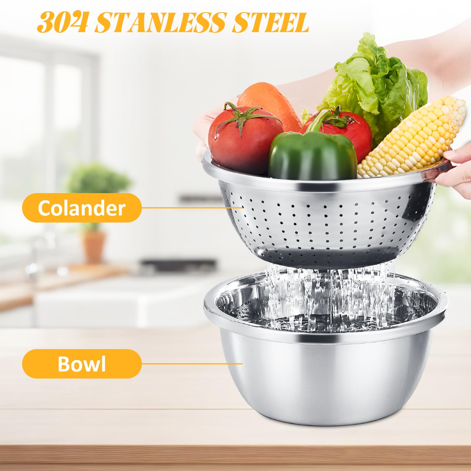 2-Pack 5QT 304 Stainless Steel Colander Strainer with Mixing Bowl - Large Metal Kitchen Strainer for Washing Vegetables, Fruits & Rice - Dishwasher Safe - Perfect for Meal Prep, Salad Making & Pasta Draining