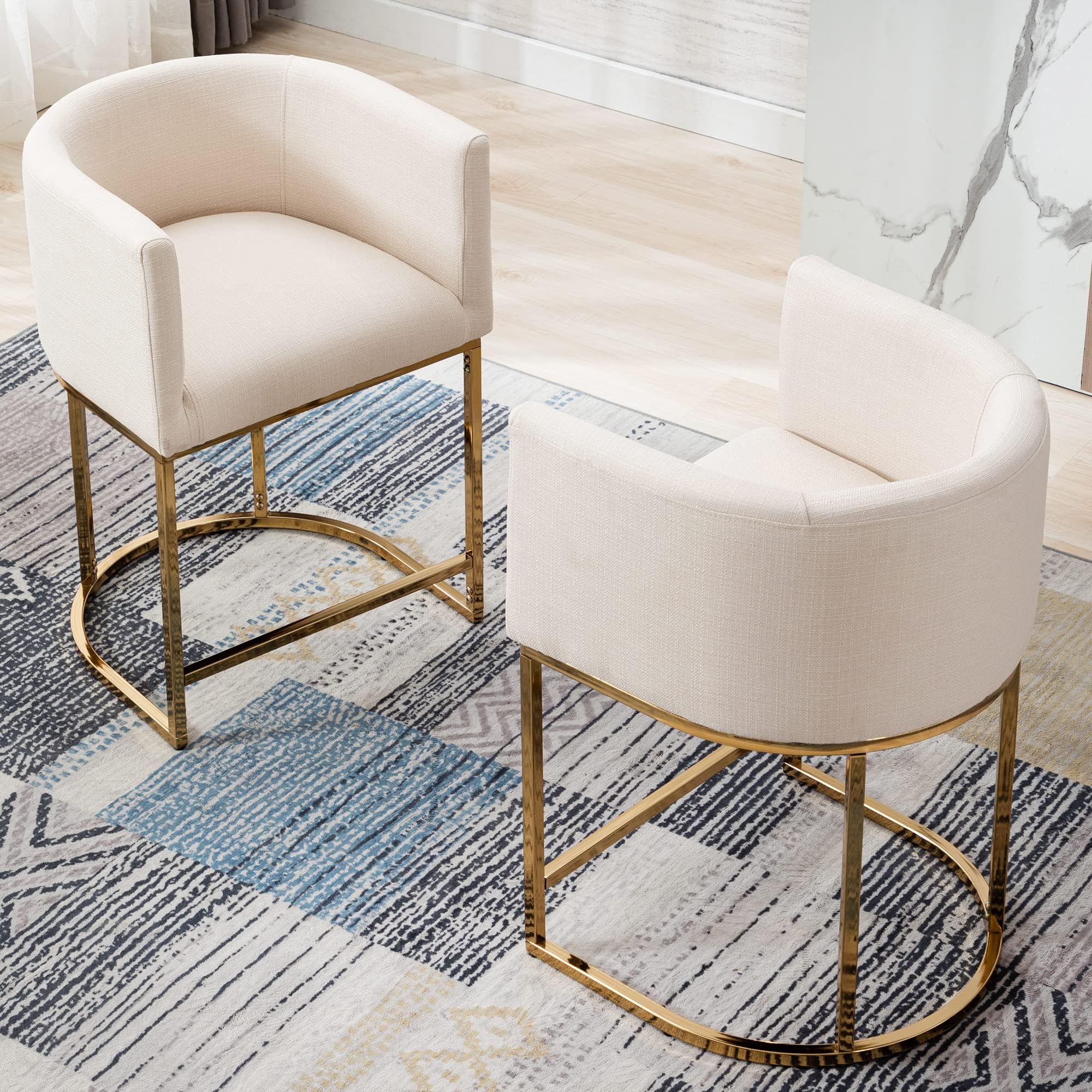 Modern Counter Height Linen Cream Fabric Upholstered Counter Stool Set of 2, 24 Inch Kitchen Island Stool with Gold Metal Frame - Perfect for Breakfast Bars, Kitchen Islands & Dining Areas