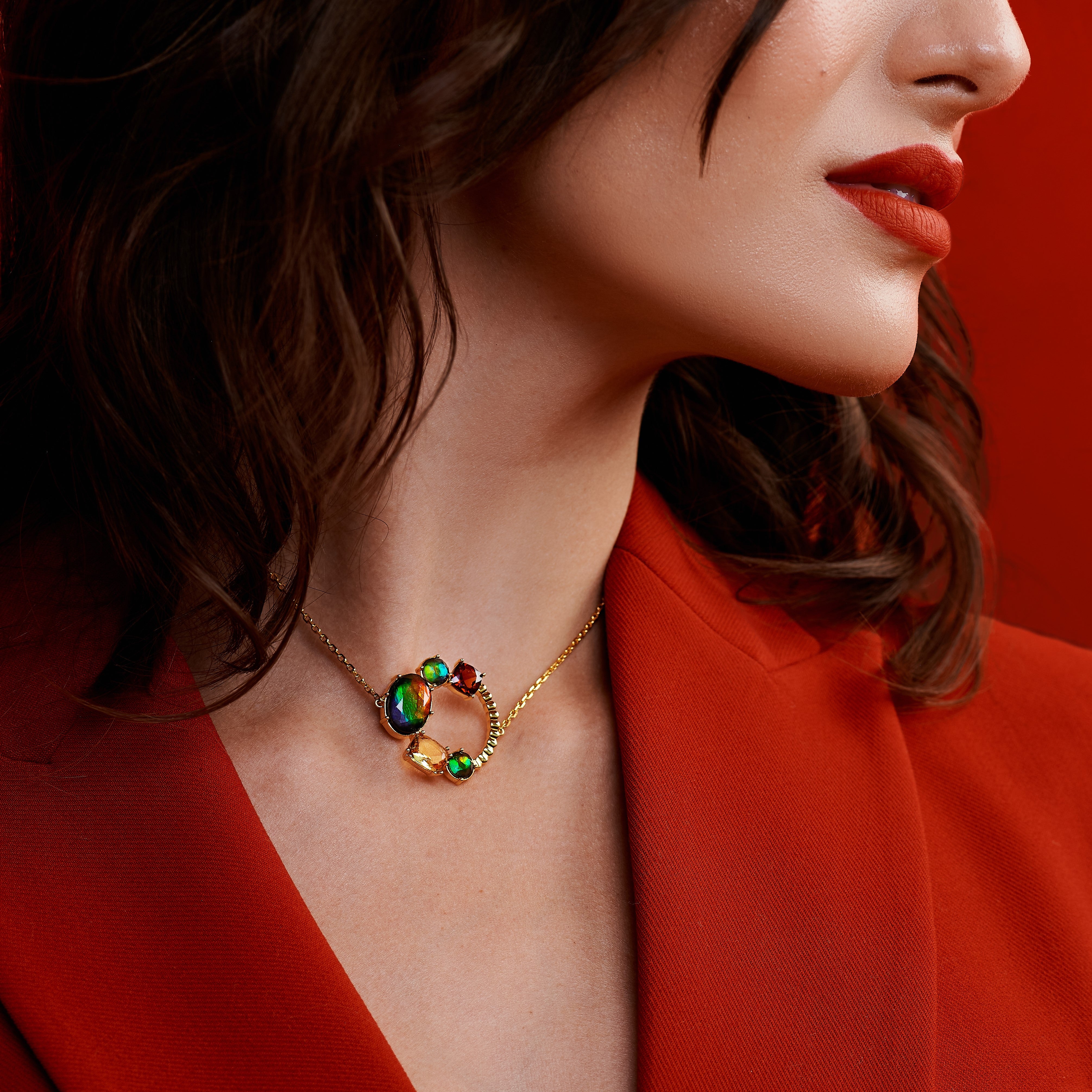 18K Gold Vermeil Ammolite Necklace with Garnet & Citrine - Elegant Slider Pendant for Women | Perfect for Weddings, Parties & Special Occasions