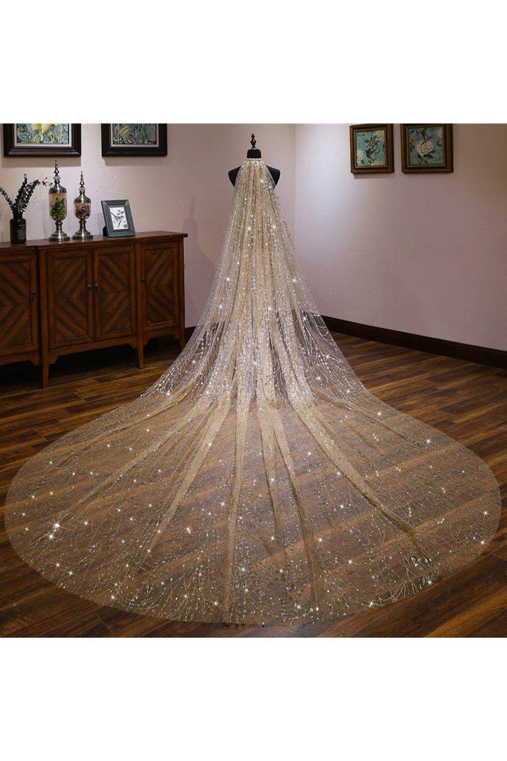 Sparkling One-Tier Cut Edge Tulle Cathedral Wedding Veil with Glitter Powder CV0358 - Perfect for Bridal Ceremonies, Photo Shoots & Formal Occasions