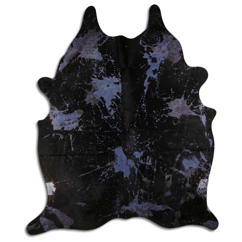 Distressed Navy Blue Hair On Cowhide Rug - Handmade Vintage Leather Rug for Living Room, Bedroom, or Office Decor
