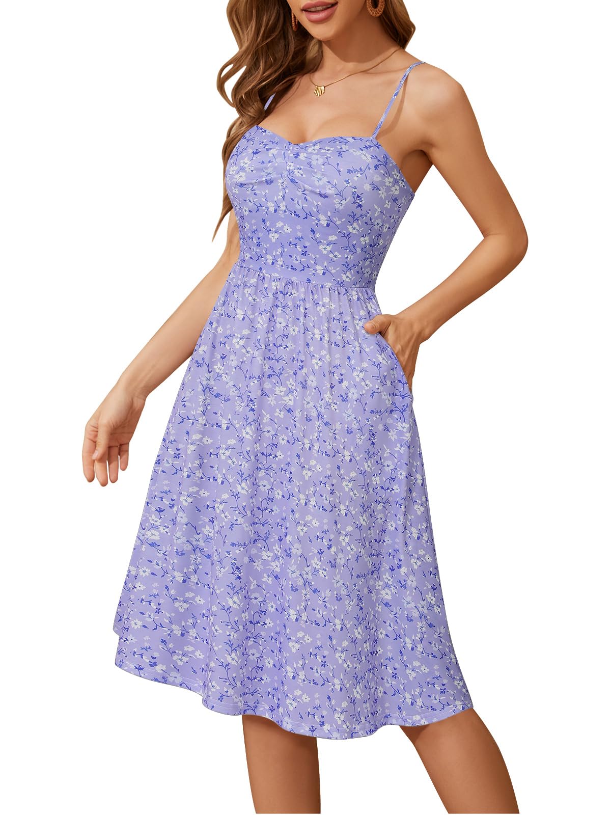 2025 Women's Summer Dresses - Casual Sweetheart Neckline Empire Waist A-Line Spaghetti Strap Swing Dress with Pockets | Perfect for Beach Vacations, Date Nights & Summer Parties