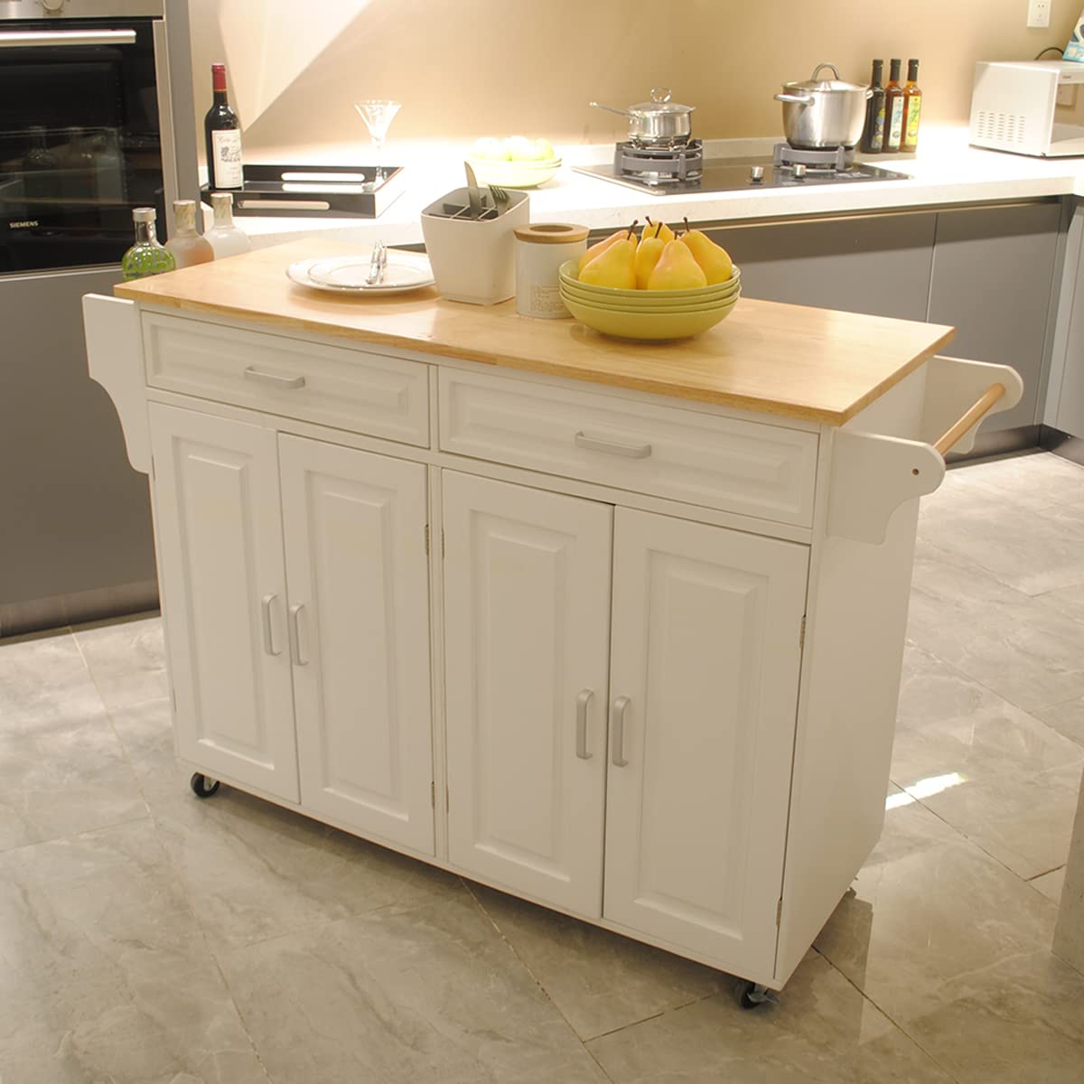 Teeker Kitchen Island Cart with Mobile Wheels & Adjustable Shelves - Solid Rubber Wood Top for Spacious Storage - Luxury Design for Home, Party & Outdoor Use - Perfect for Cooking, Entertaining & Small Space Organization