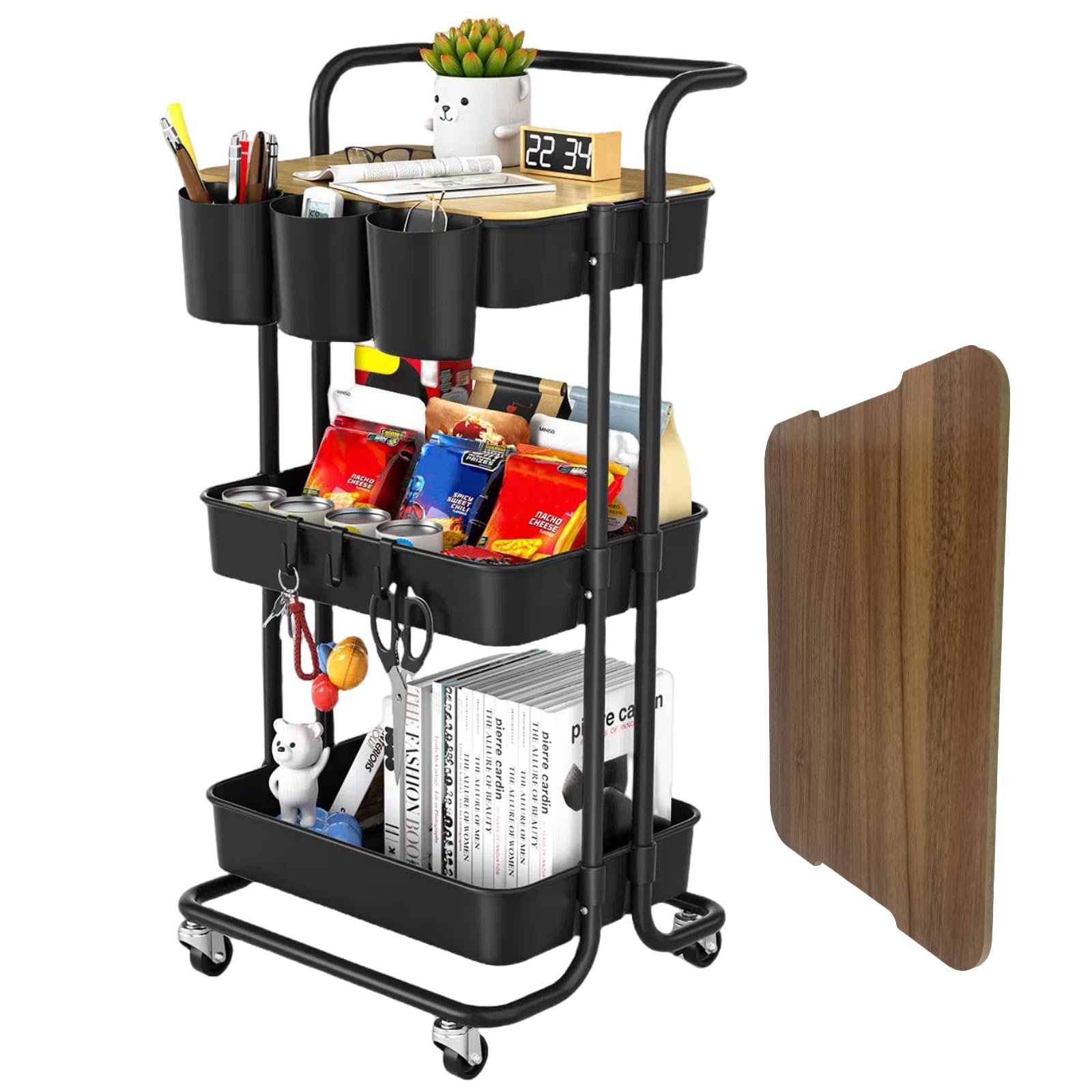3 Tier Rolling Utility Cart with Lockable Wheels, Metal Handle & Plastic Storage Baskets - Perfect for Kitchen, Bathroom, Office & Classroom Organization - Black