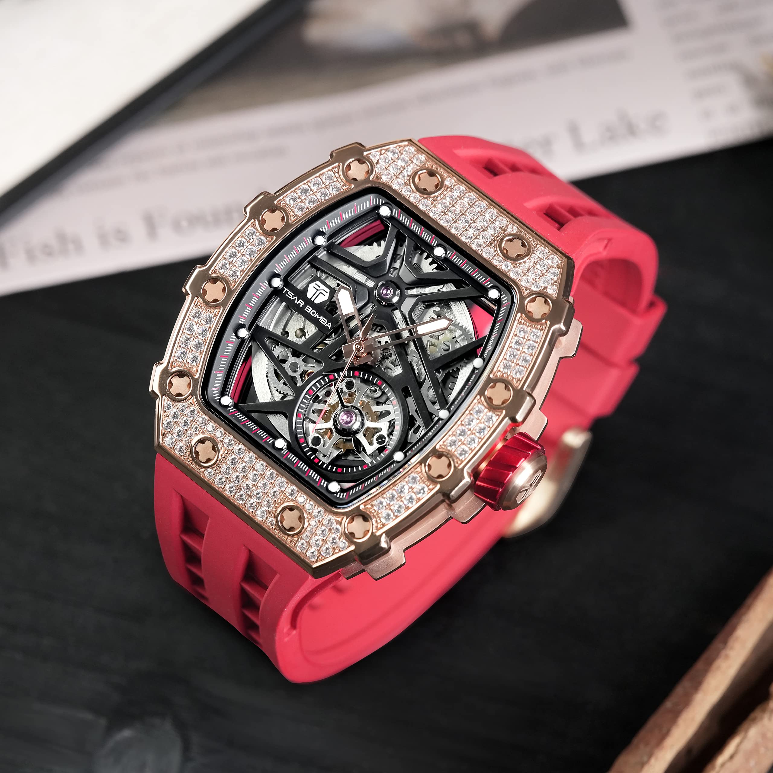 Premium Automatic Skeleton Watches for Men - 50M Waterproof Luxury Mechanical Tonneau Watch with Fluoroelastomer Band (Red) - Ideal for Business Casual, Formal Events & Daily Wear - Perfect Gift for Men
