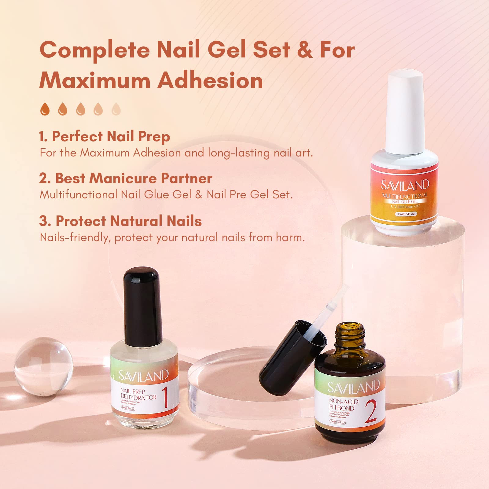 SAVILAND Gel X Nail Glue & Prep Kit - 15ml Non-Acid Nail Dehydrator & Primer for Strong Gel Polish & Press On Nails | 6-in-1 Super Strong Adhesive for DIY Nail Art & Gel X Extension | Perfect for Salon Professionals & At-Home Manicures