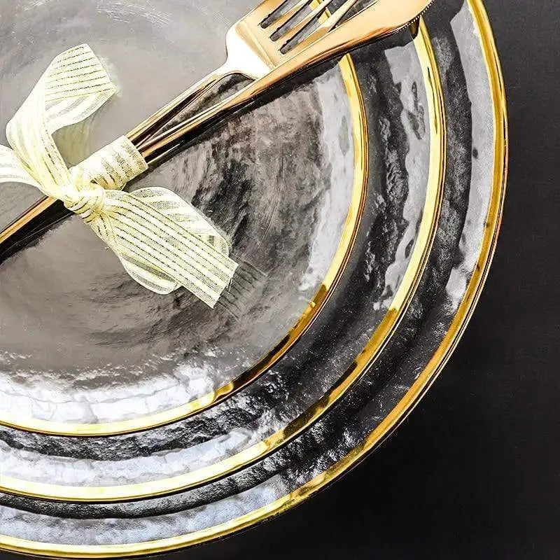 Aurora Gold Edge Glass Plate & Bowl Set - Elegant Dinnerware for Special Occasions, Perfect for Weddings, Parties, and Fine Dining
