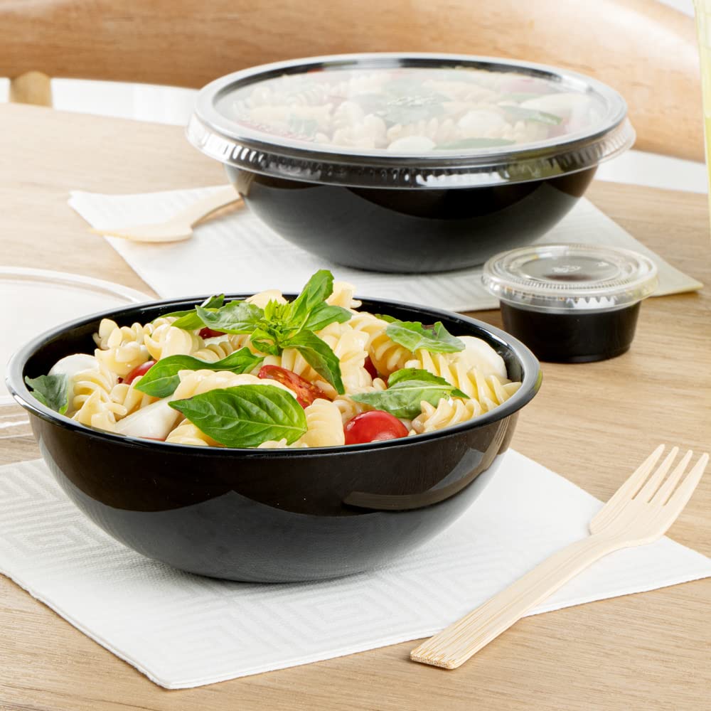 Restaurantware 21oz Recyclable Plastic Salad Bowls - 200-Pack Disposable Large Black Food Containers for Pasta, Salads, Takeout | Eco-Friendly Catering & Party Supplies