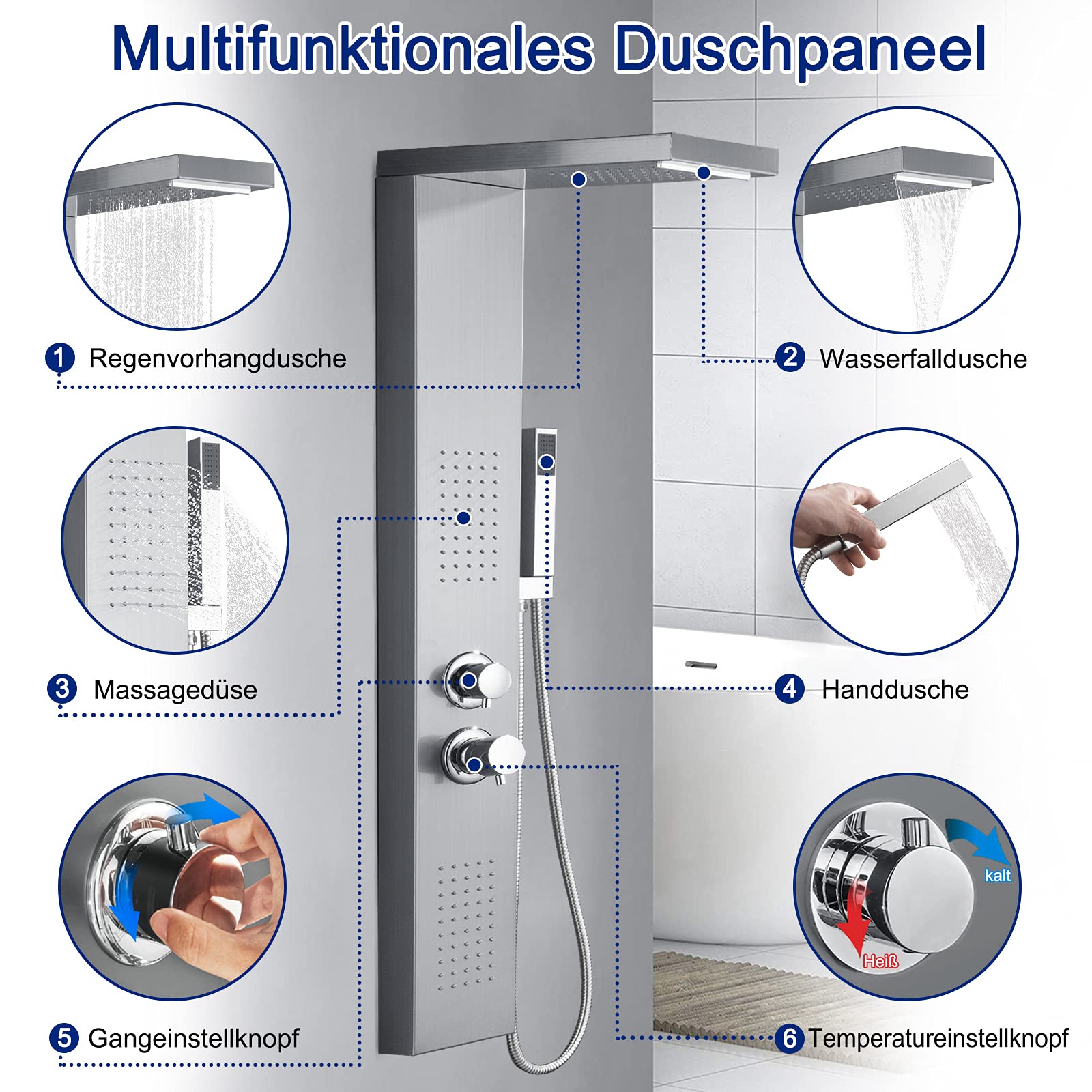 UISEBRT Stainless Steel Hydromassage Shower Panel - 4 Function Shower System with Fixed Showerhead, Massage Jets, Handheld Shower & Bath Spout (Silver) | Perfect for Spa-Like Bathroom Upgrades & Luxury Home Renovations