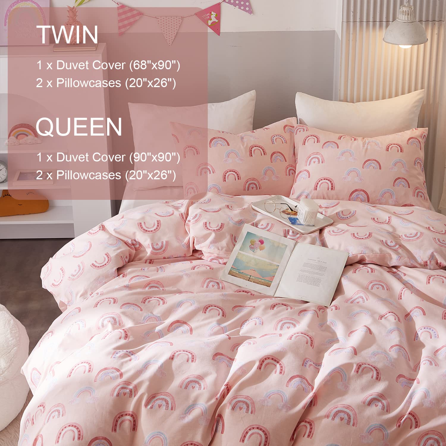 Ivellow Twin Duvet Cover Set - 100% Cotton Rainbow Pink Kawaii Bedding for Girls | Ultra Soft & Breathable 3-Piece Kids Comforter Cover with Cute Cartoon Pattern | Perfect for Toddler, Teen & Kids' Bedrooms, Sleepovers & Nursery Decor