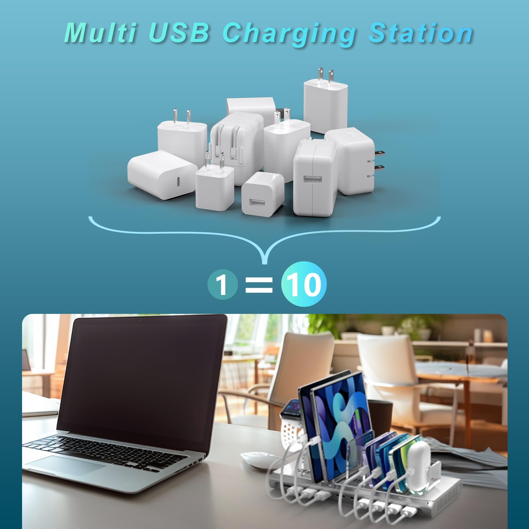 Unitek 10-Port USB Charging Station for iPad, iPhone, Android | Fast Multi-Device Charger Dock | Cell Phone Organizer for Home, Office & Travel | Silver