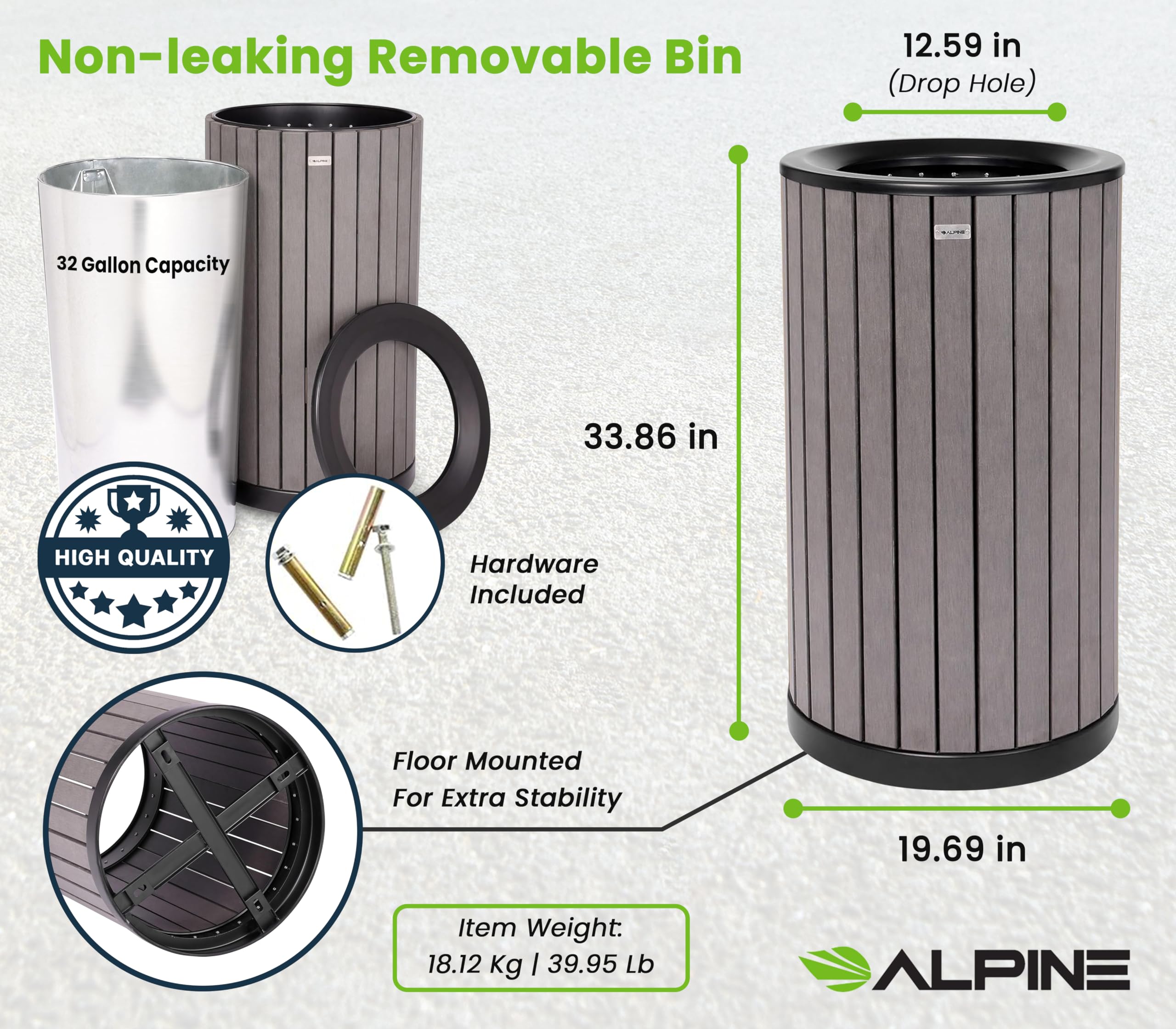 32 Gallon Heavy Duty Commercial Outdoor Trash Can - Durable Industrial Garbage Bin with Plastic Panels for Patio, Parks, Trails & Resorts - Flat Lid Grey - Perfect for High Traffic Areas, Campgrounds & Public Spaces