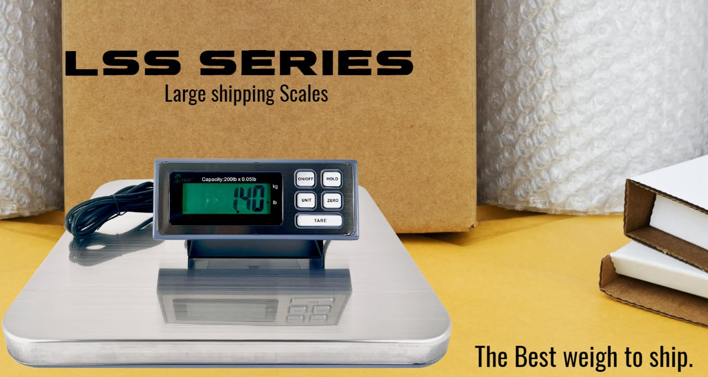 Tree LSS-200 Digital Shipping Scale - 200 lb Capacity (0.05 lb Precision) with Stainless Steel Platform, Tare Function & LCD Display - Perfect for USPS, UPS, FedEx Packages & Small Business Shipping