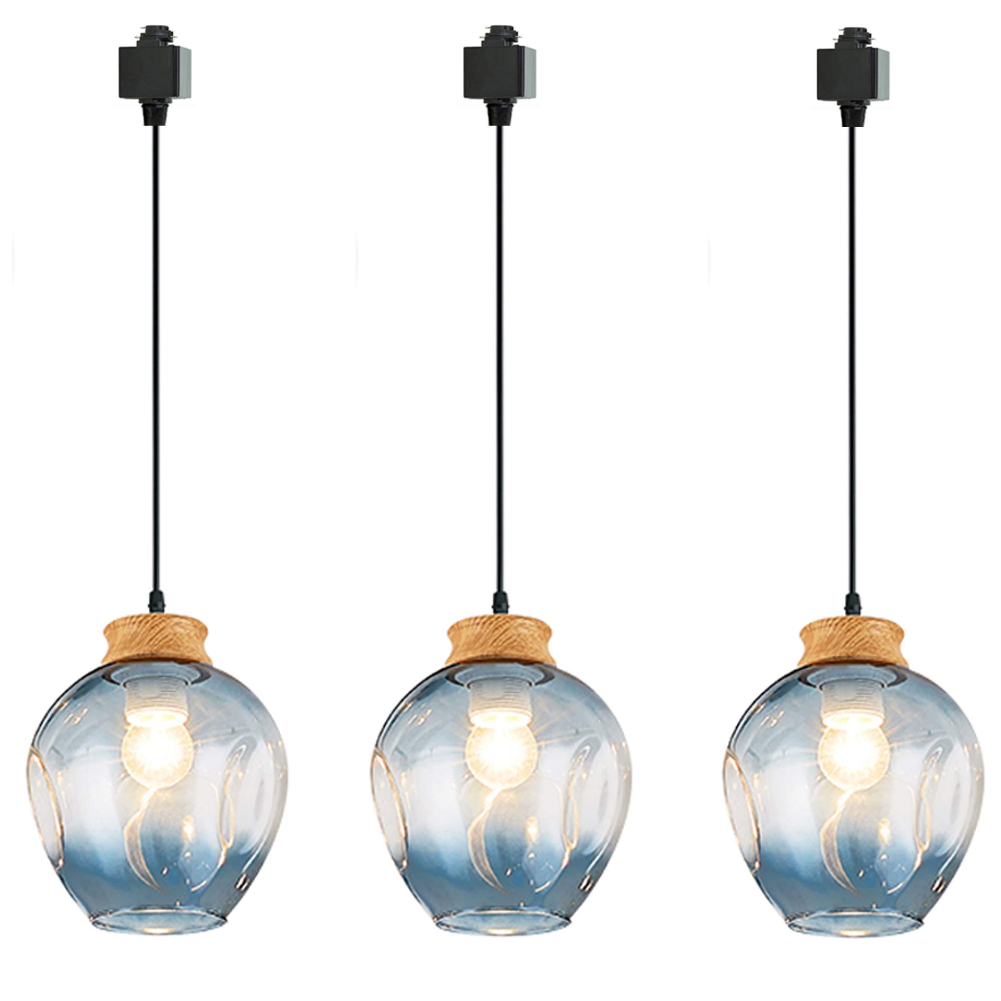 3-Light Nordic Blue Glass Ceiling Lamp Set for H-Type Track - Loft Style Pendant Lighting with 0.82ft Cord (Bulbs Not Included) - Perfect for Modern Living Room, Dining Area & Office Spaces