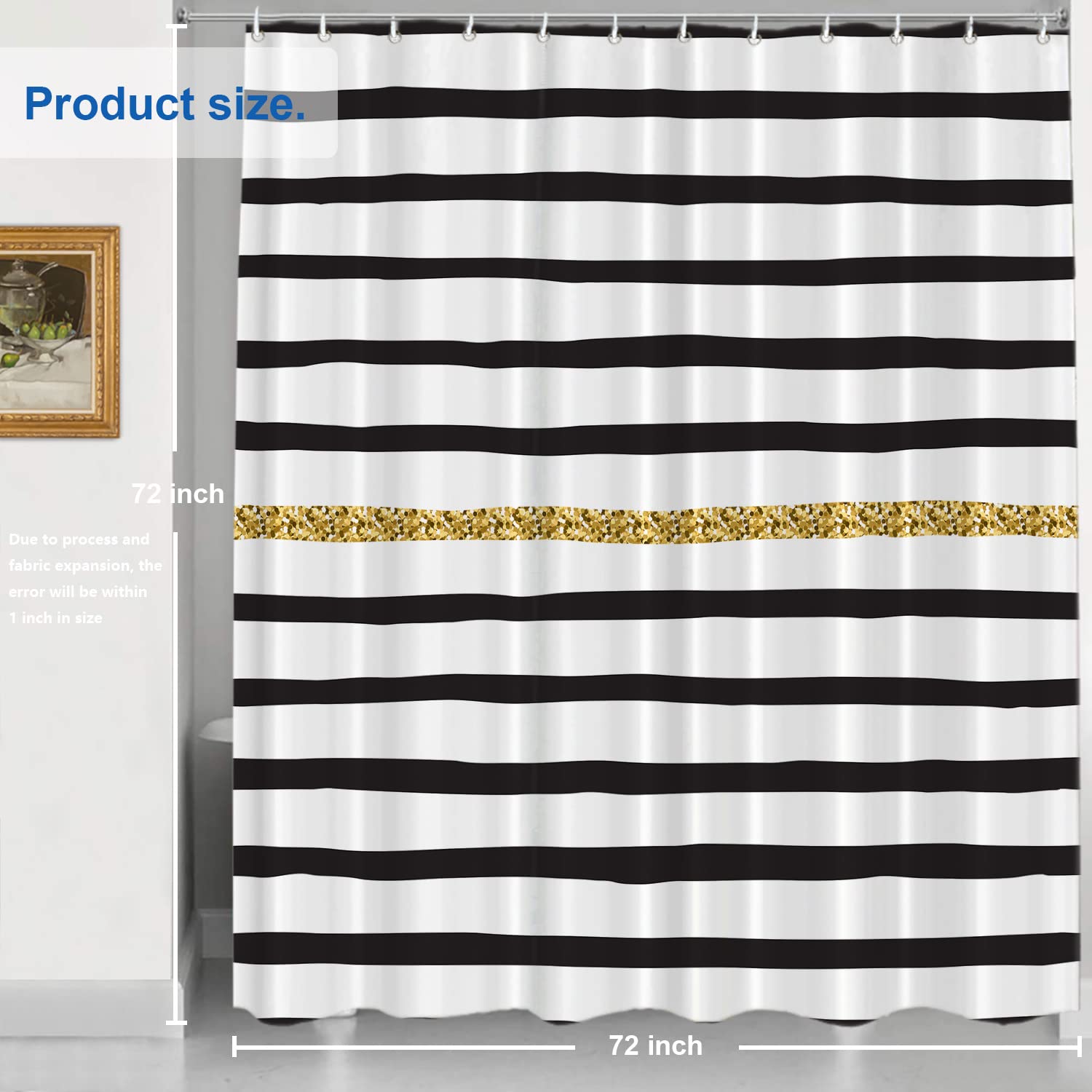Shrahala Black White Gold Geometric Abstract Shower Curtain - Waterproof Bathroom Decor with Grommets 72x72 Inch - Perfect for Modern, Boho & Luxury Bathroom Styles