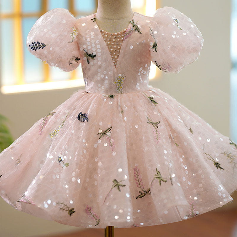 Pink Sequin Princess Flower Girl Dress with Short Puff Sleeves - Knee Length Formal Party Gown for Weddings, Birthday Celebrations, and Special Occasions