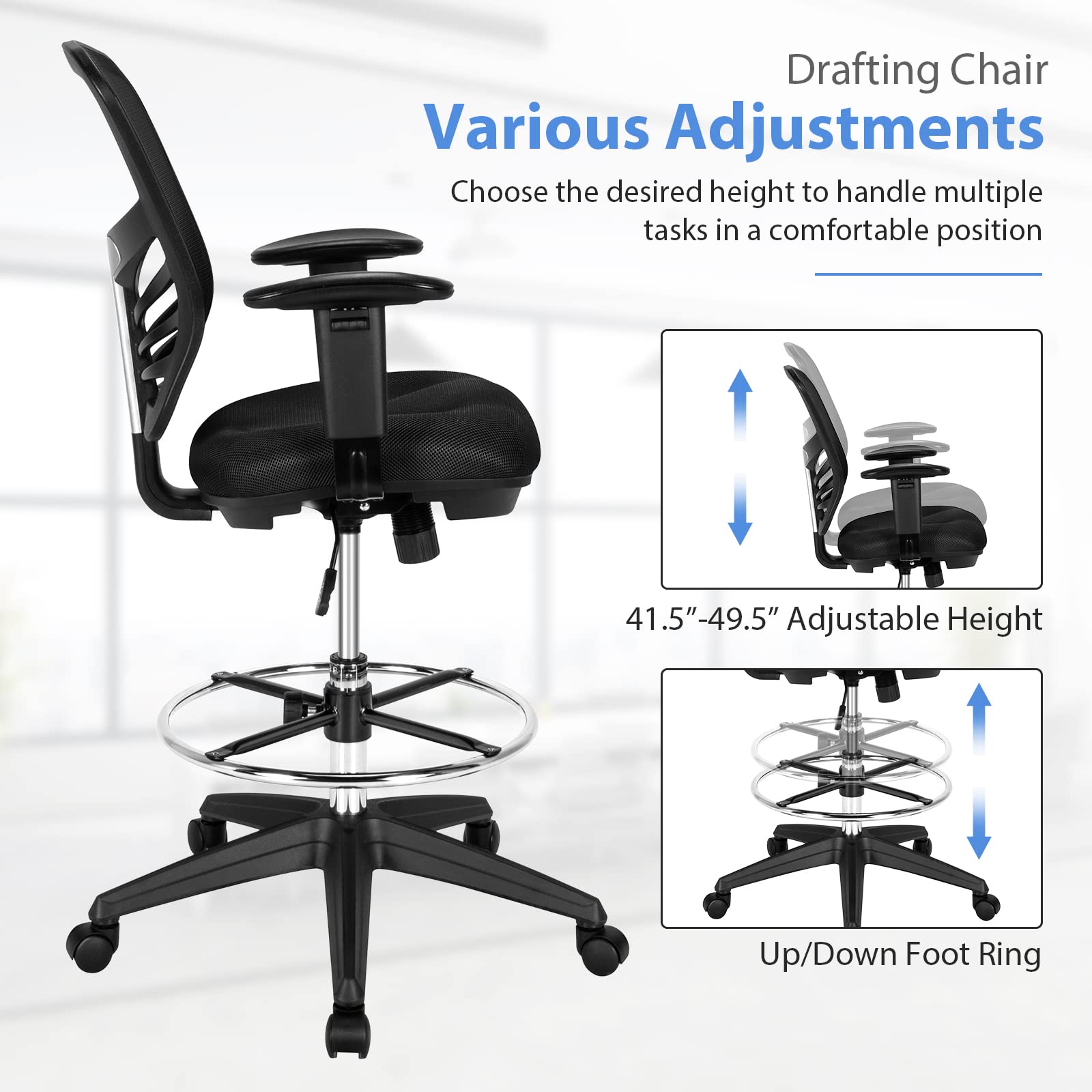 COSTWAY Ergonomic Mesh Office Chair with Adjustable Footrest & Armrests - Counter Height Standing Desk Chair, Rolling Height Adjustable Computer Drafting Chair for Home Office (Black) | Perfect for Long Work Hours, Gaming & Remote Work