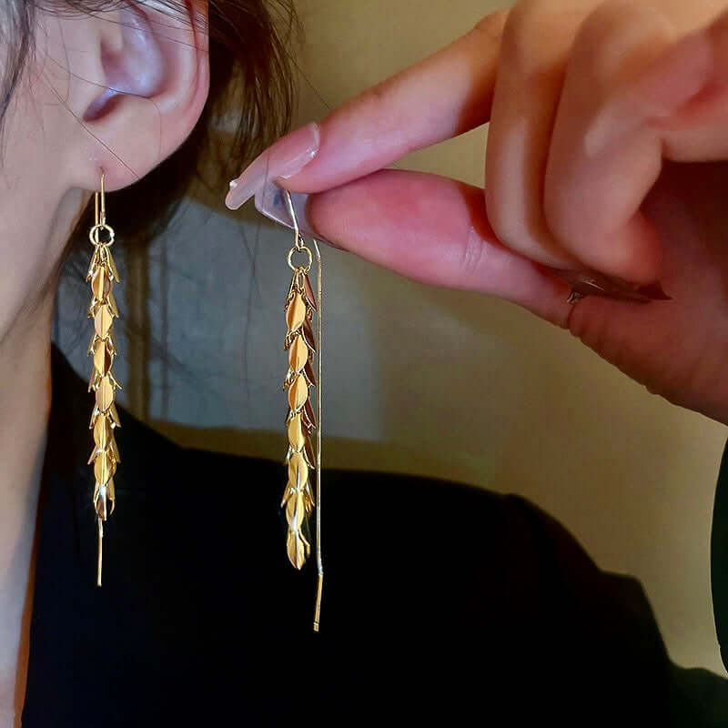 Vintage Gold Leaf Chain Threader Earrings - Dainty Boho Jewelry for Women | A7778 | Perfect for Parties, Weddings & Everyday Wear