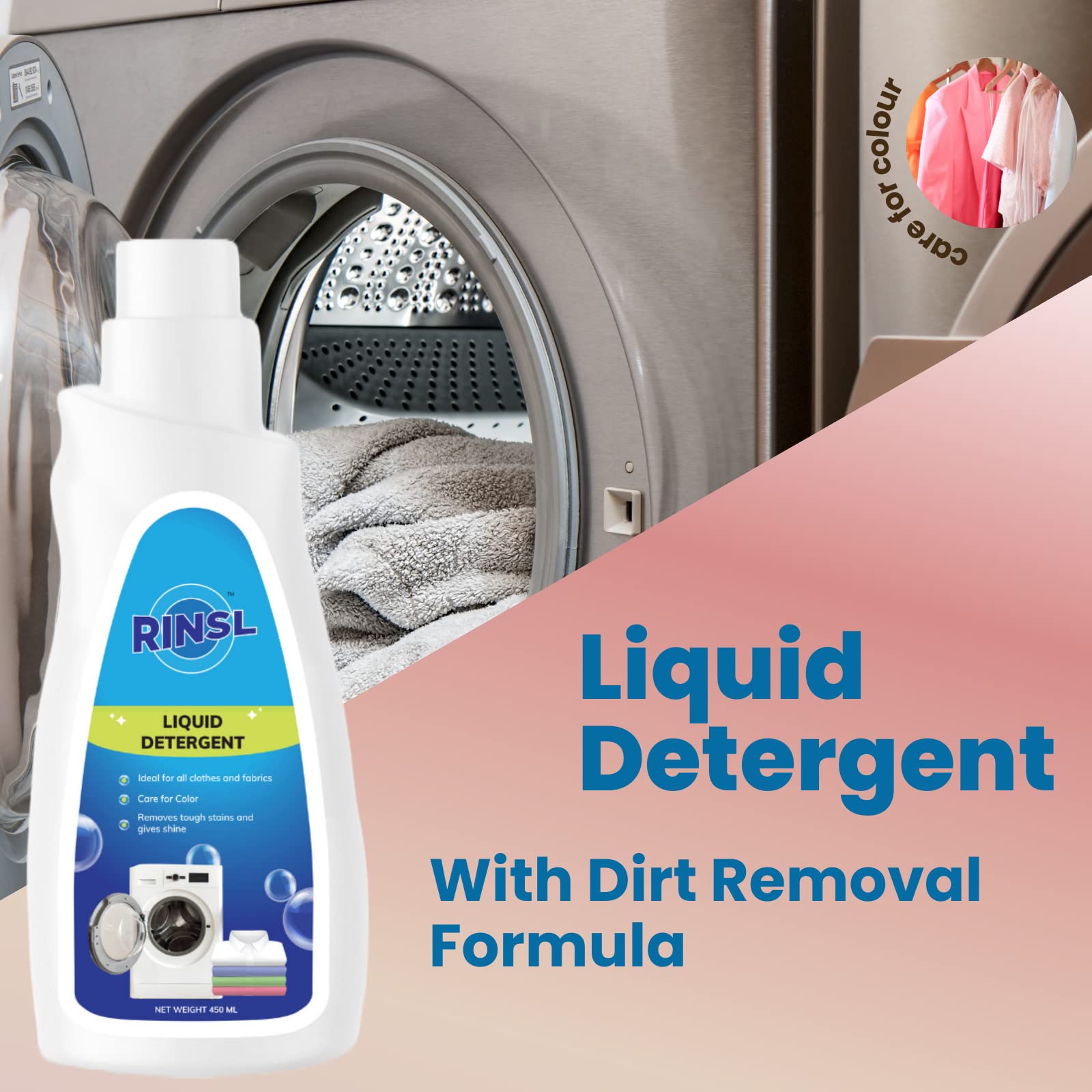 Rinsl Natural Laundry Liquid Detergent - Powerful Stain Remover & Fabric Brightener | Safe for Top Load, Front Load & Hand Washing | 450ml | Perfect for Everyday Laundry, Baby Clothes & Delicate Fabrics
