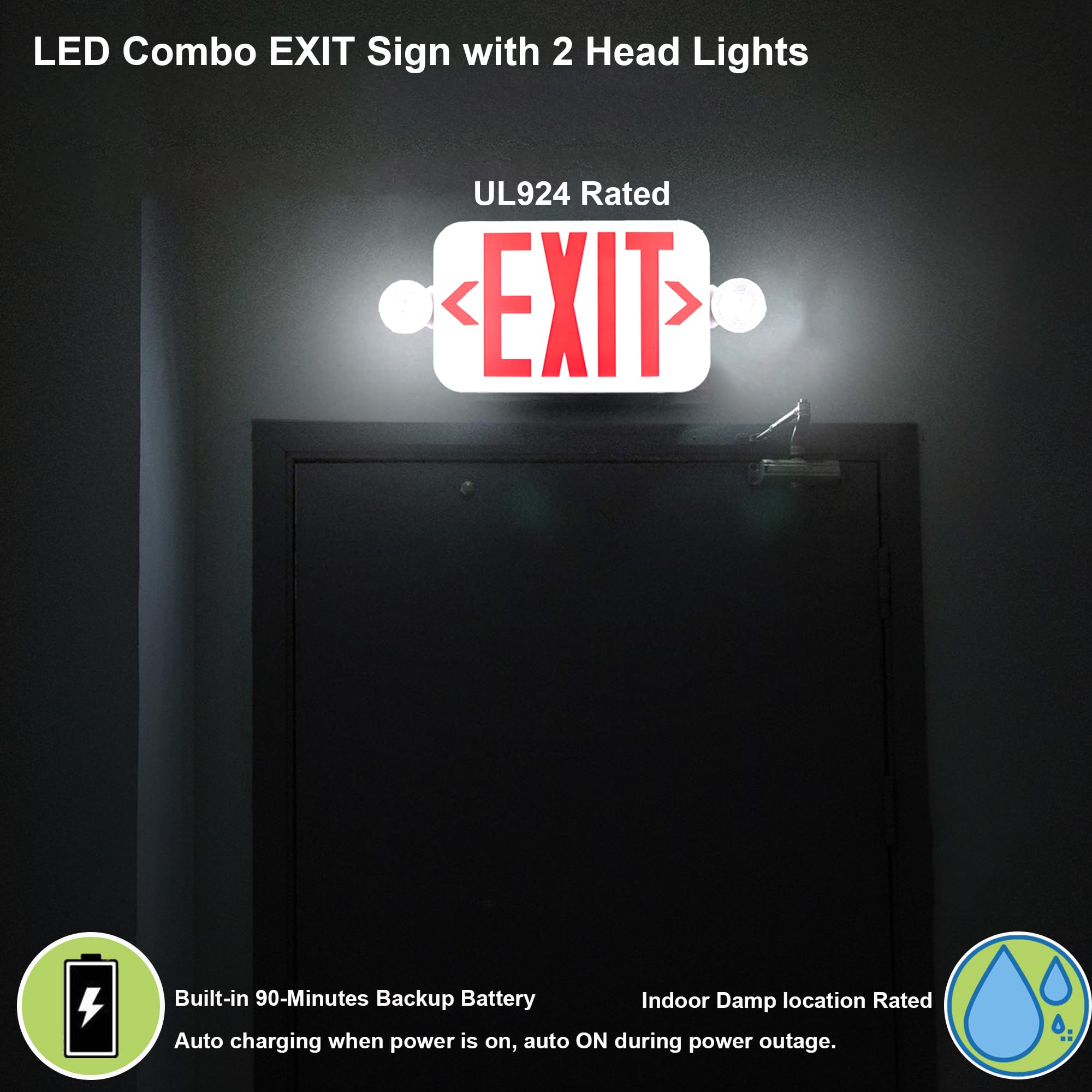LIT-PaTH LED Combo EXIT Sign with 2 Adjustable Head Lights & Double Face - UL 924 Certified Emergency Exit Lighting with Backup Batteries (120-277V, 4-Pack) - Ideal for Commercial Buildings, Warehouses, and Public Safety Areas