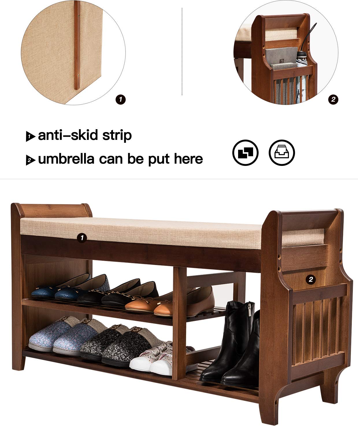 2-Tier Bamboo Shoe Rack Bench with Removable Cushion, Storage Shelf & Umbrella Stand - Entryway Organizer with Drawer for Shoes, Boots & Accessories - Perfect for Hallway, Living Room, Bathroom or Bedroom Storage Solution