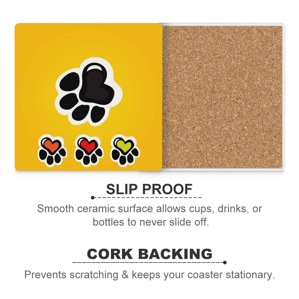 Hapuxt 4-Pack Ceramic Drink Coasters with Cork Bottom - Square Cup Holder for Wine, Beer & Cold Drinks - Paw Print & Heart Design - Table Protection & Home Decor - Perfect for Parties, Bars & Kitchen Use