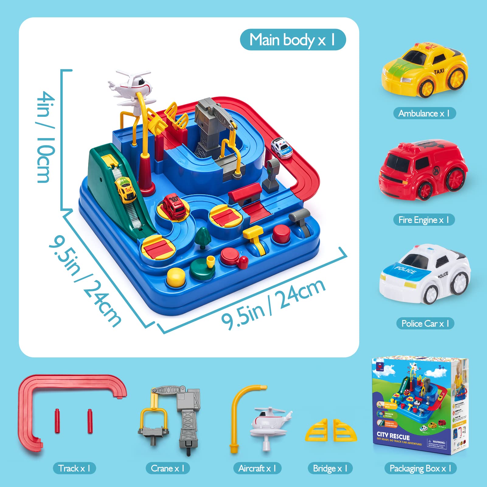 Hahaland Magnetic Race Track Toy Set for 3-4 Year Old Boys - STEM Learning Car & Helicopter Rescue Game with Puzzle Tracks | Montessori Educational Toys for Logical Thinking & Motor Skills Development | Perfect Birthday & Easter Gift for Toddlers