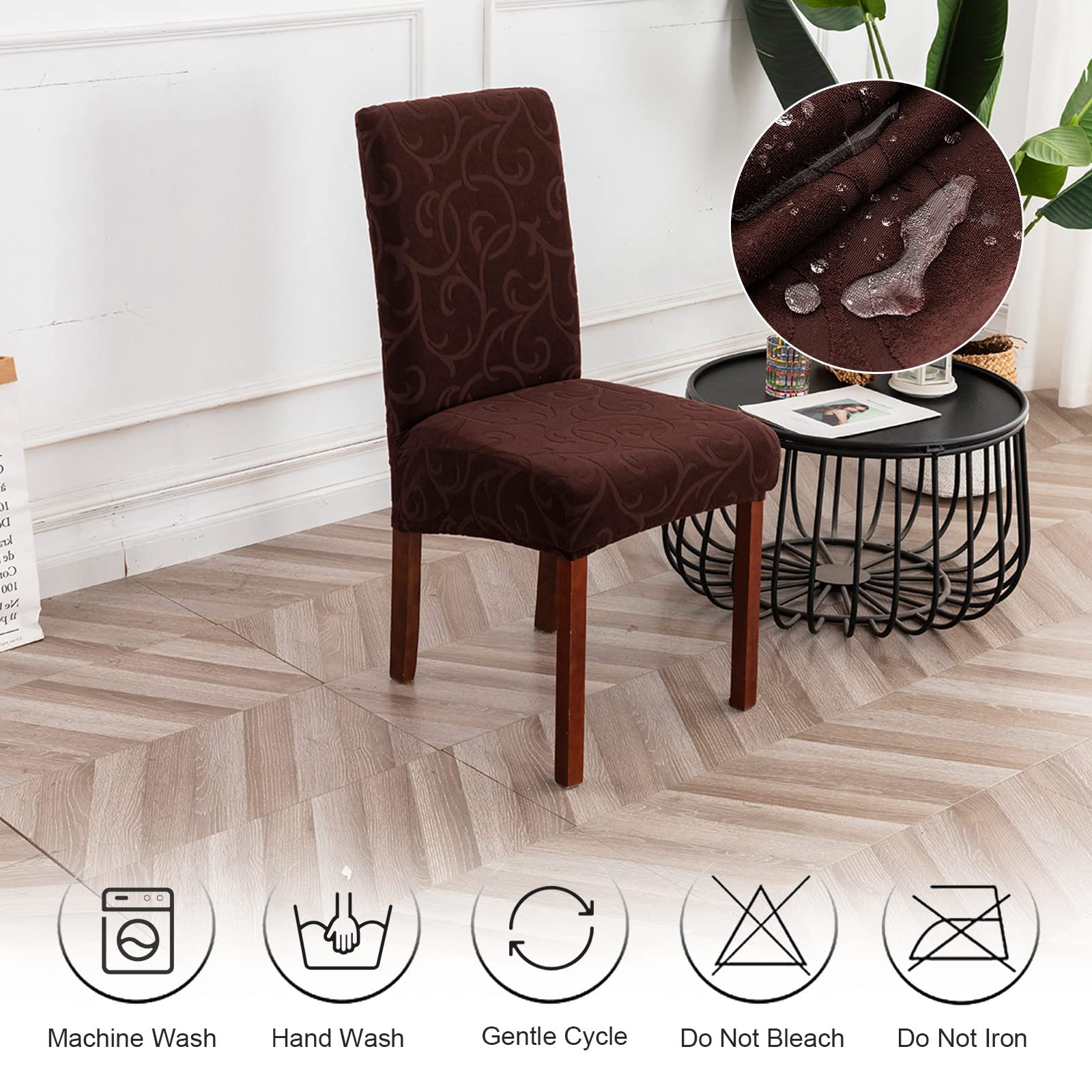 Waterproof Stretch Parsons Chair Slipcovers - 4 Pack Washable Dining Room Chair Covers with Floral Chocolate Pattern, Removable Kitchen Seat Protectors for Home, Restaurant & Outdoor Use