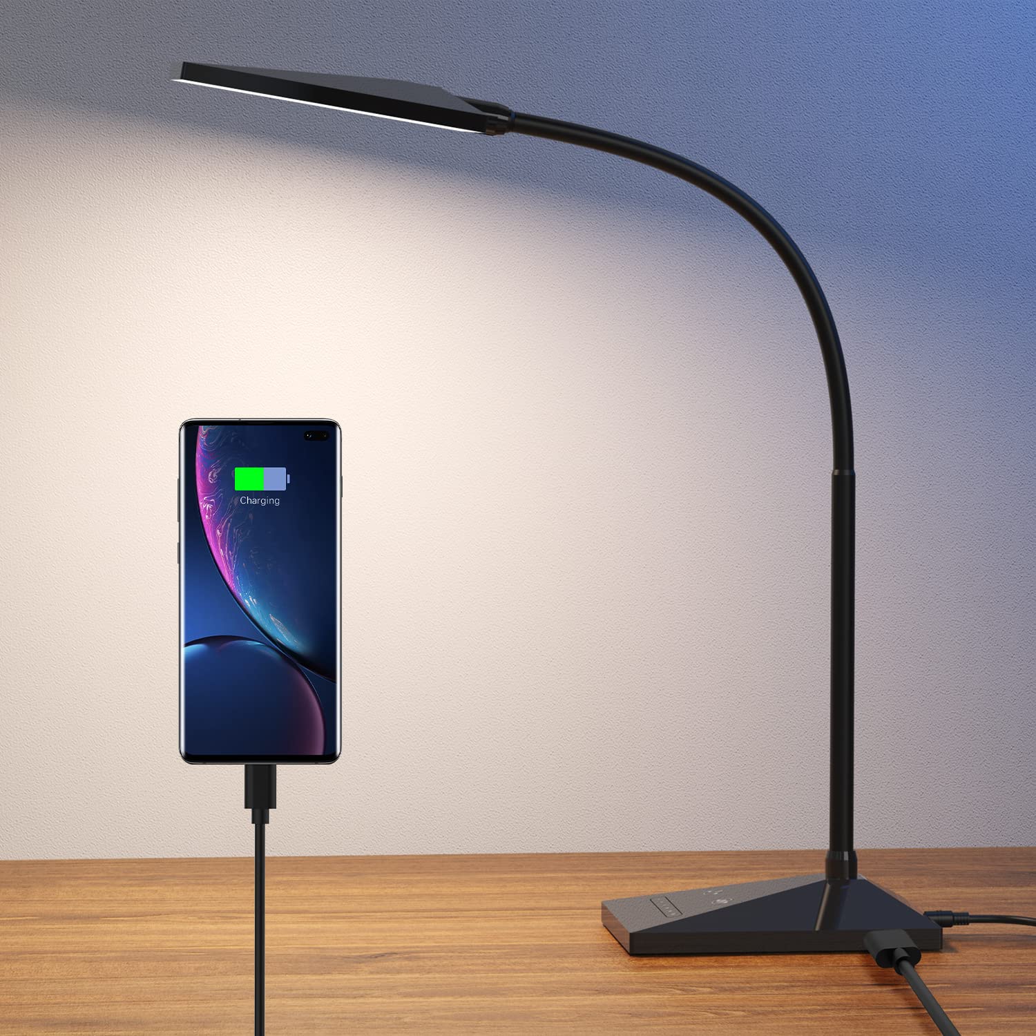 GARMESE LED Desk Lamp with USB Charging Port - Touch Control, 5 Lighting Modes & 7 Brightness Levels, Eye-Caring Reading Light with Memory Function (72 LEDs, Black) - Perfect for Home Office, Study, and Nighttime Reading