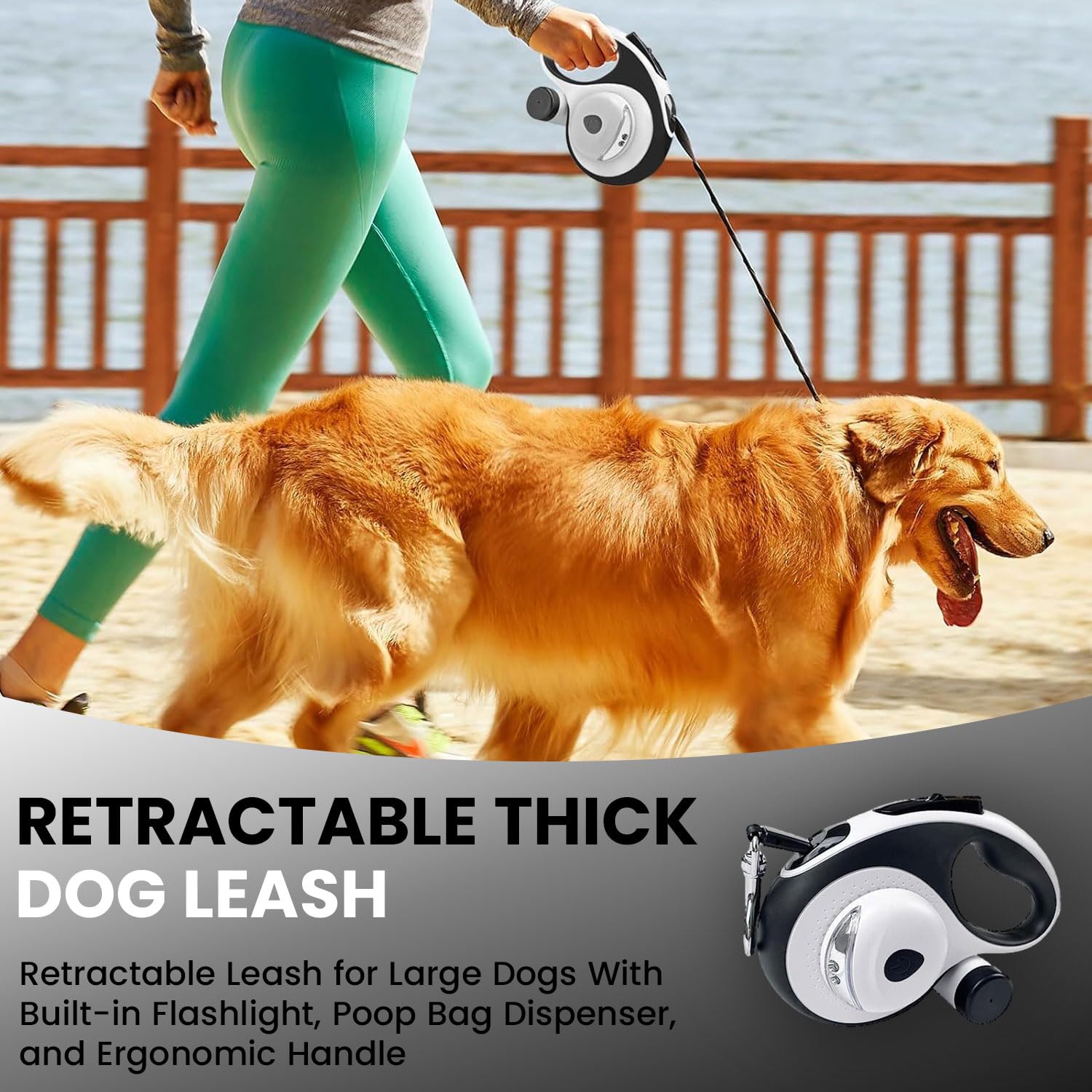 Best Retractable Dog Leash for Large Dogs up to 110lbs - 26ft Heavy Duty Pet Leash with Poop Bag Dispenser & LED Flashlight, One-Button Brake System (White) - Perfect for Walking, Jogging & Nighttime Safety with Your Medium to Large Breed Dog