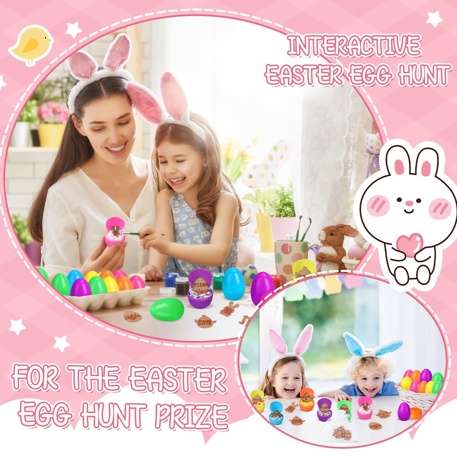 Hoolerry 48 Pack Easter Egg Tokens Set - Plastic Easter Eggs with Wooden Reward Tokens, Easter Grass & Raffia Paper Shreds - Easter Egg Hunt Prizes & Party Favors with Organza Bags - Perfect for Easter Celebrations, Classroom Rewards, and Kids' Party Games