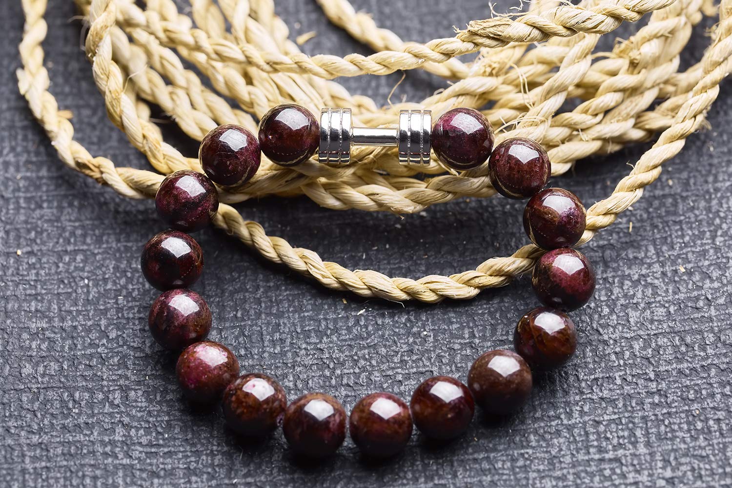 Garnet Dumbbell Bracelet - Rhodium Plated Fitness Jewelry for Women & Men - Stylish Beaded Gym Workout Accessory - Perfect for Yoga, Running & Weight Training