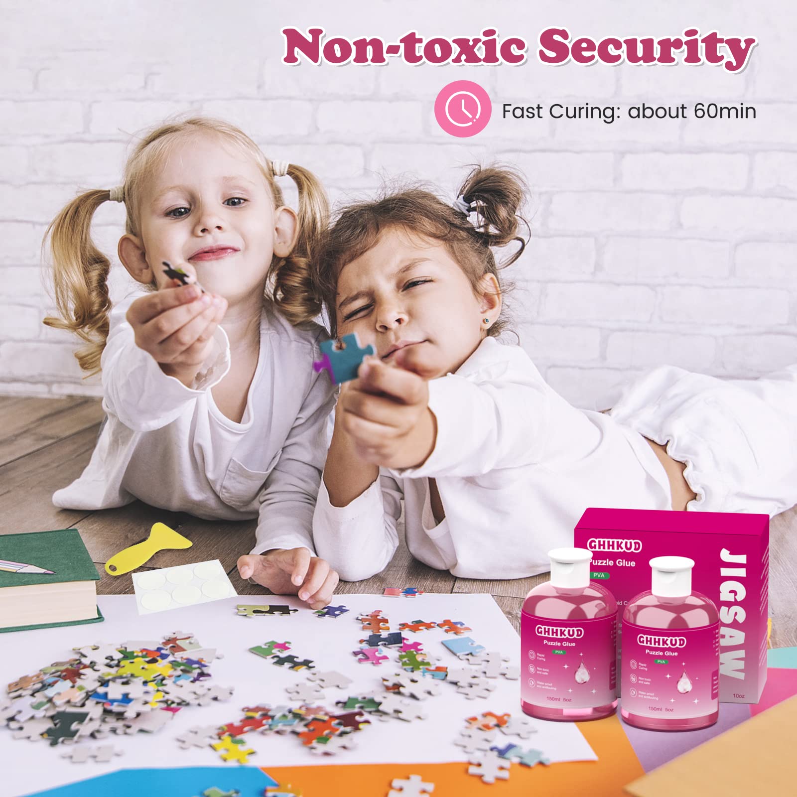 Premium 300ML Clear Jigsaw Puzzle Glue with Applicator Brushes - Non-Toxic Adhesive for Wood & Paper Puzzles (Pink) | Perfect for Preserving 1000+ Piece Puzzles, DIY Craft Projects & Family Game Nights