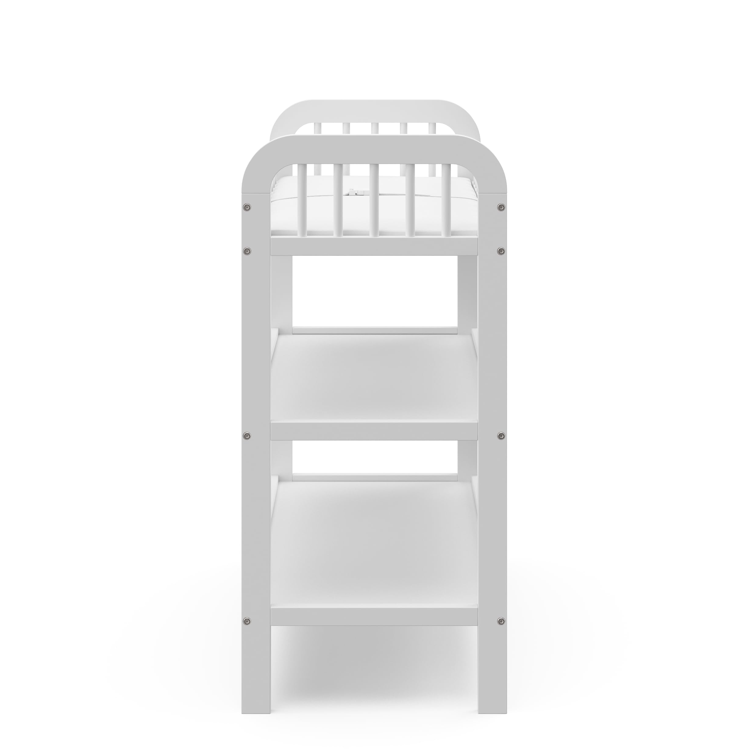 Storkcraft Pasadena White Changing Table with Water-Resistant Pad - GREENGUARD Gold Certified Baby Nursery Furniture, 2 Open Shelves & Safety Strap | Perfect for Diaper Changing, Baby Care Organization in Nursery Rooms