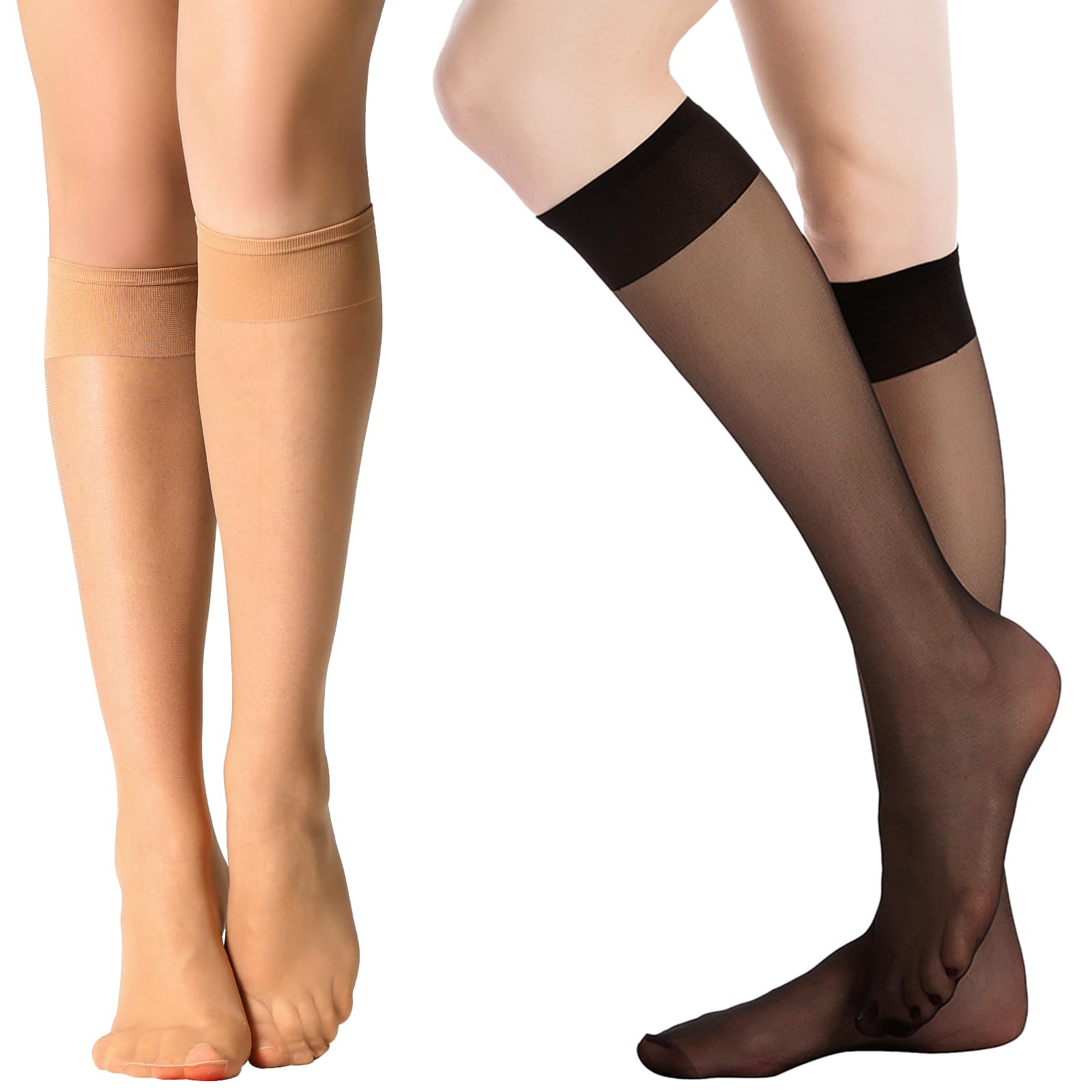Yilanmy 12 Pairs Women's Knee High Stockings - Soft 15 DEN Sheer Nylon Socks in Black & Nude | Comfortable Pop Socks for Work, Dress, and Everyday Wear