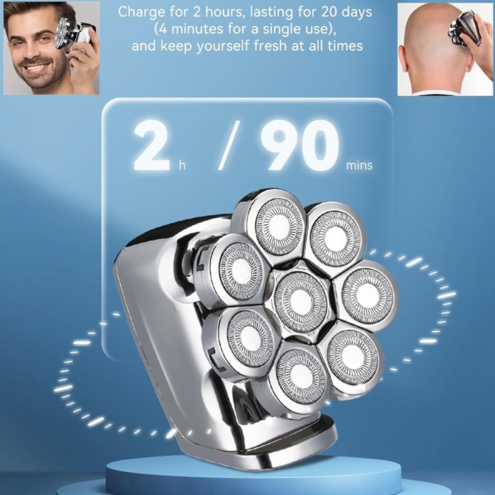 8-in-1 Electric Head Shaver for Men - Wet/Dry Rechargeable Bald Shaving Machine with Washable Beard Trimmer | Perfect for Head Shaving, Beard Grooming & Travel Use