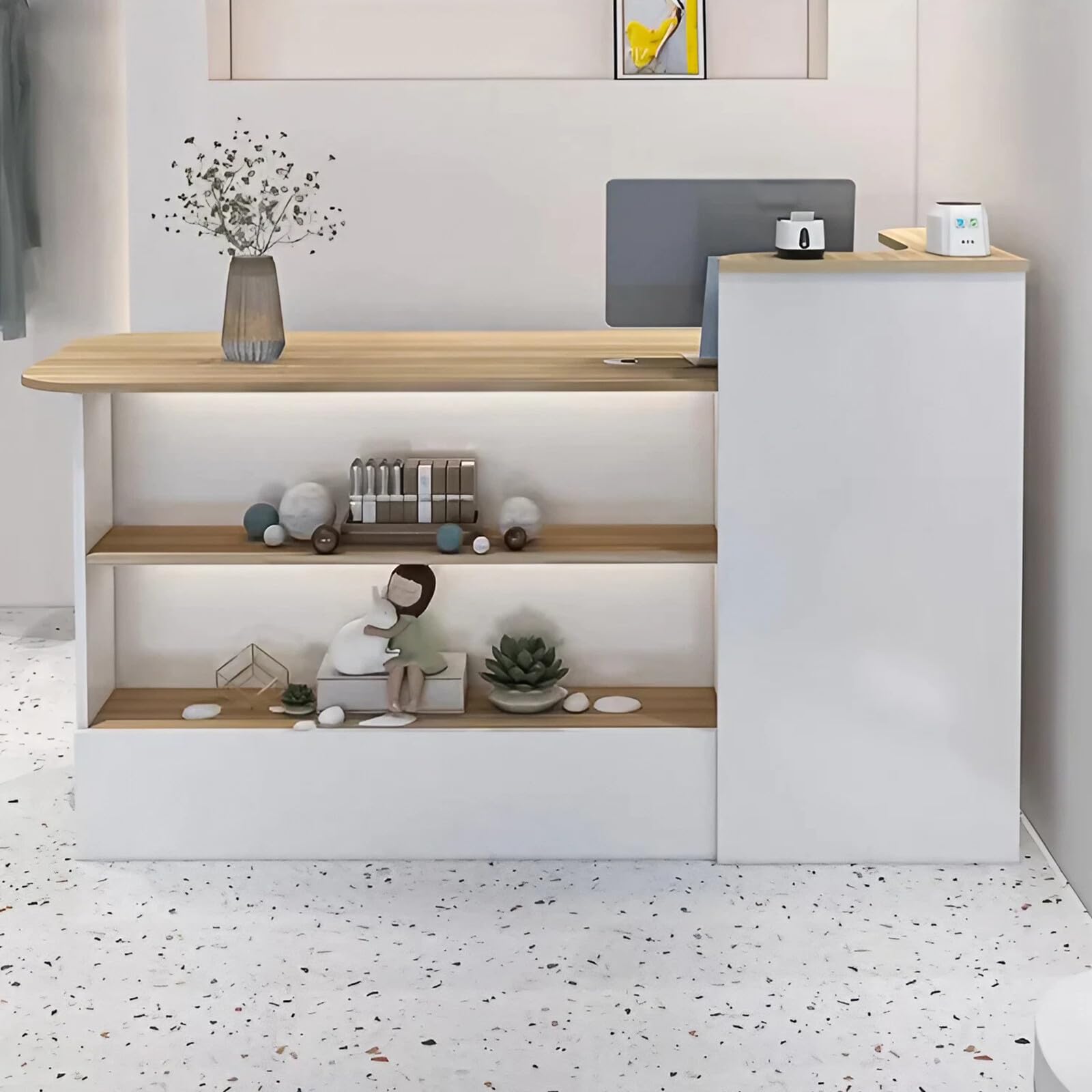 Modern Reception Desk with Lockable Drawer & Open Shelves - 59