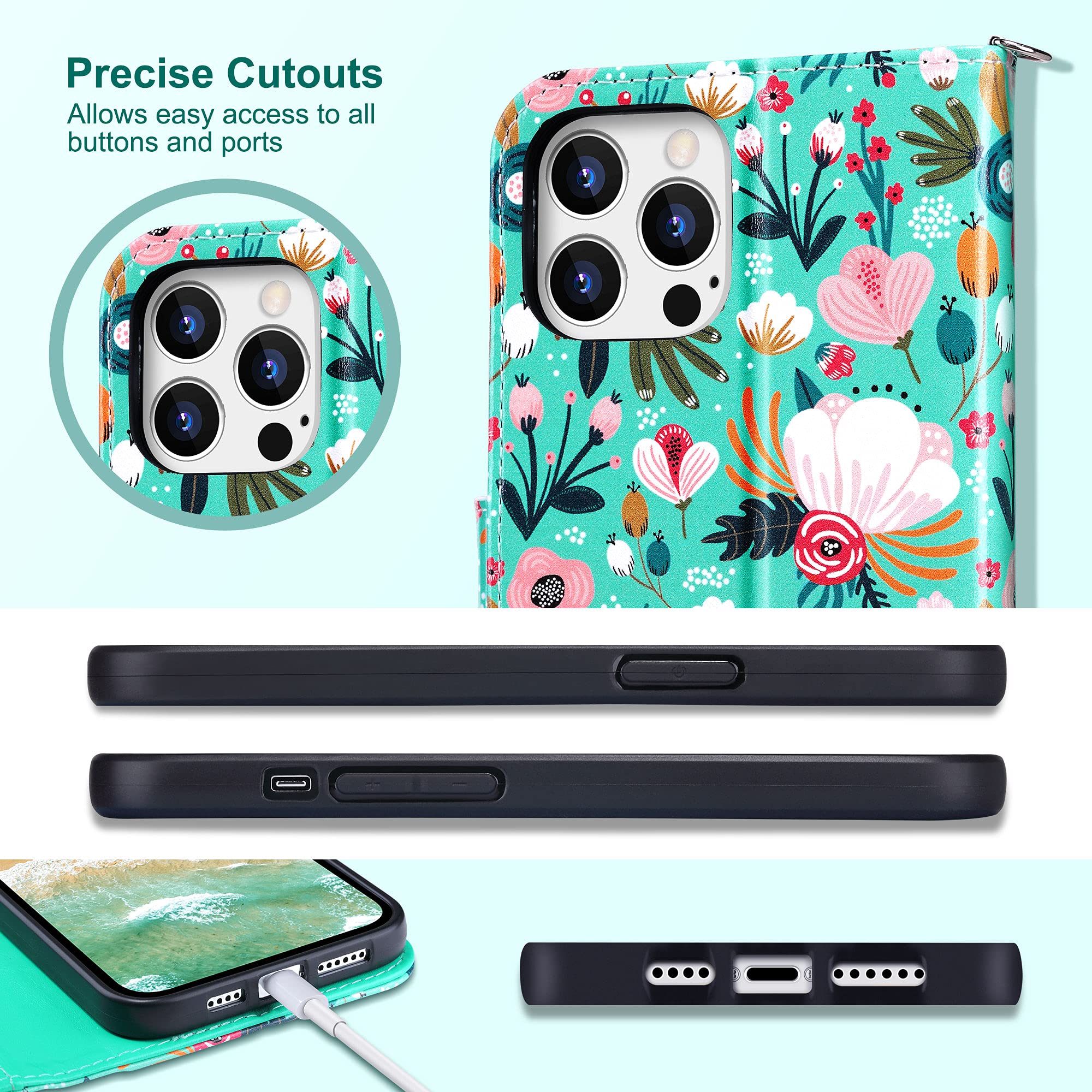 ULAK iPhone 13 Pro Max Wallet Case with Credit Card Holders - Flip PU Leather Kickstand Shockproof Protective Phone Cover for Women (6.7 inch, Mint Floral) - Perfect for Daily Use, Travel & Business Meetings