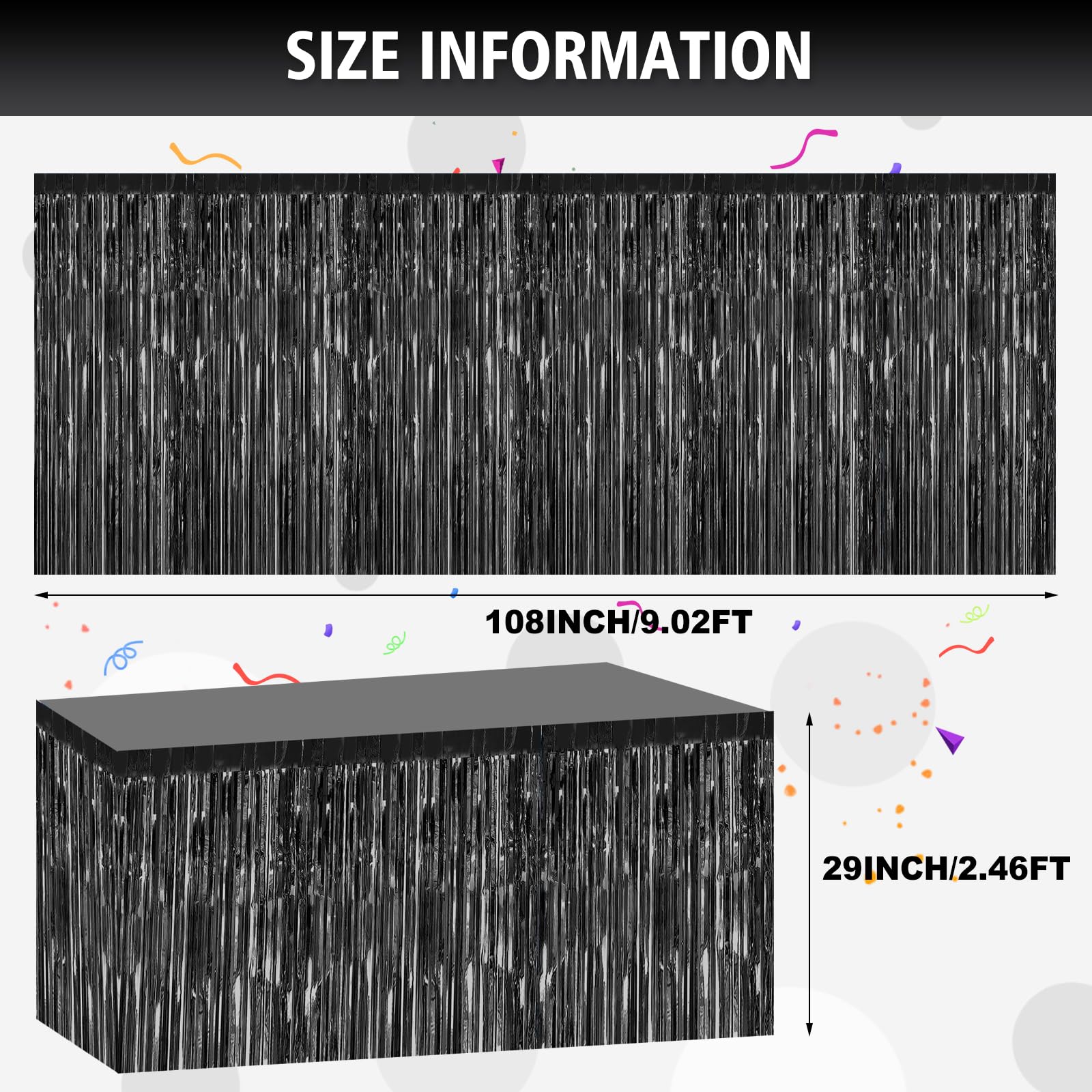 2 Pack 29.5x108 Inch Black Foil Tinsel Fringe Table Skirts - Disposable Party Decor for Wedding, Baby Shower, Birthday & Mardi Gras - Perfect for Rectangle Tables, Backdrops, Parade Floats & Event Decorations
