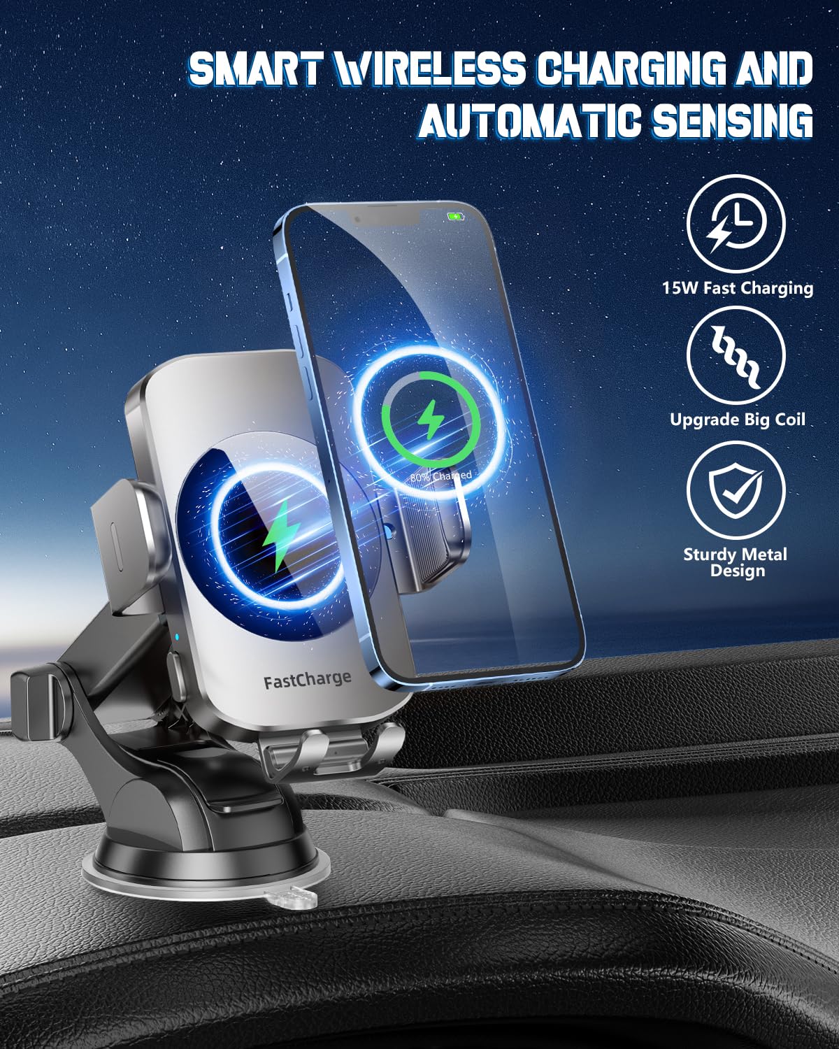 Fast Wireless Car Charger & Phone Holder - 3-in-1 Auto Clamping Mount for iPhone 16/15/14/13/12/11/XS/XR & Samsung S23 Ultra/S22/S21/S20/S10+/S9+/Note 9 - Perfect for Road Trips & Commuting