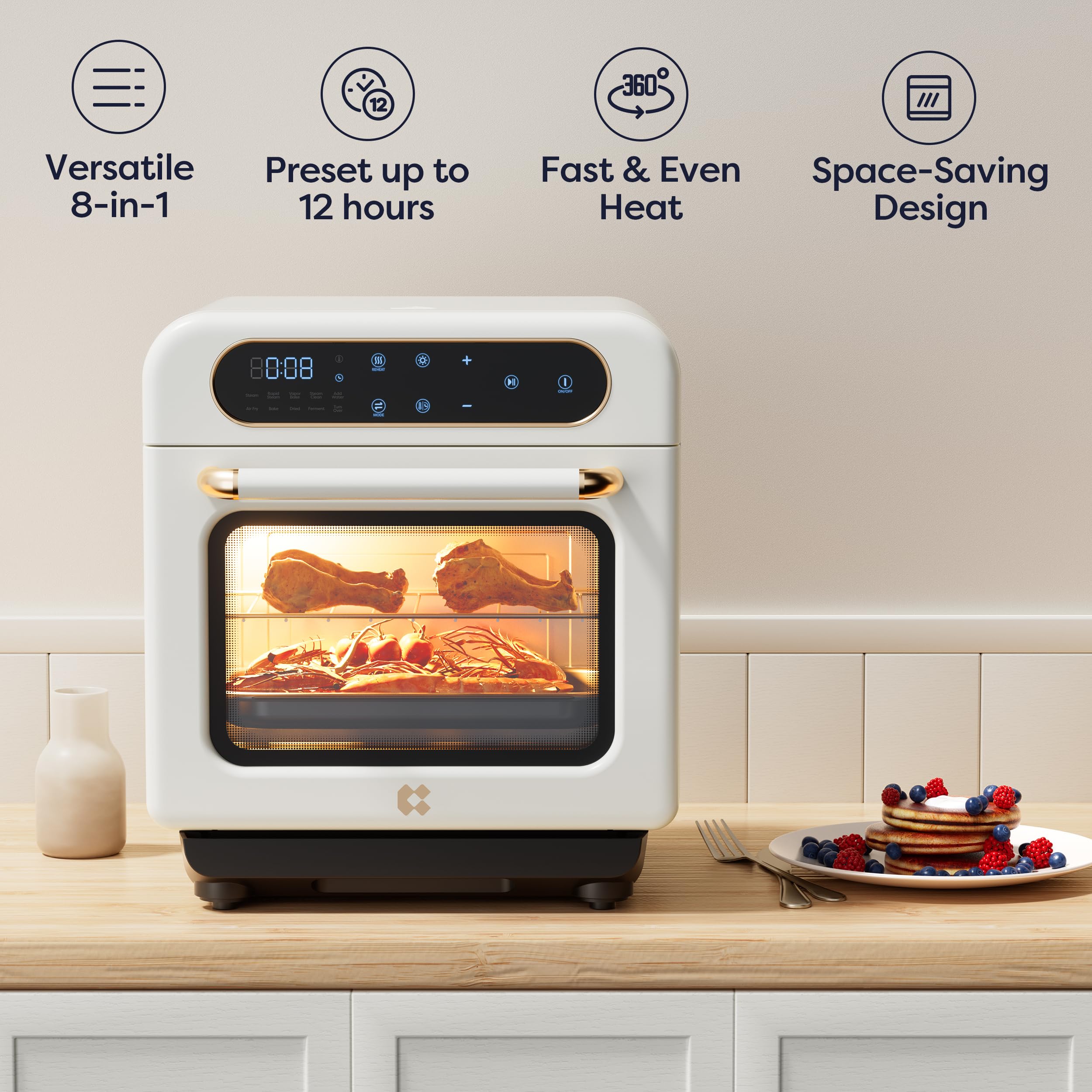 CIARRA 8-in-1 Air Fryer Steam Oven Countertop - 12L Mini Toaster Oven with Steam, Air Fry, Bake, Dehydrate & Ferment Functions | Perfect for Healthy Cooking, Meal Prep & Small Kitchens | White