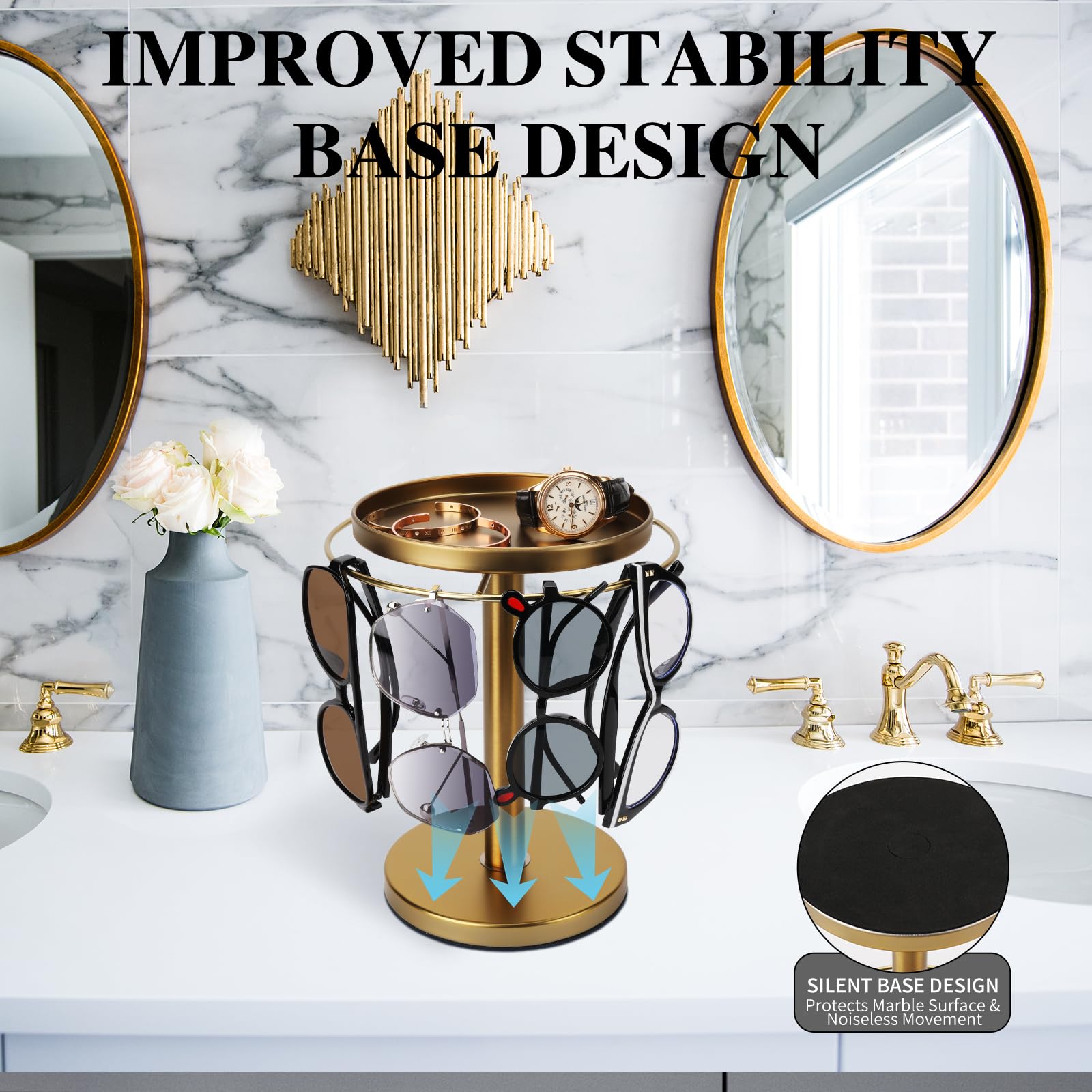 360° Rotating Sunglass Organizer - Stainless Steel Glasses Holder Stand with Tray for Desk, Dresser & Nightstand | Space-Saving Eyewear Storage for Home & Office Decor (Gold)