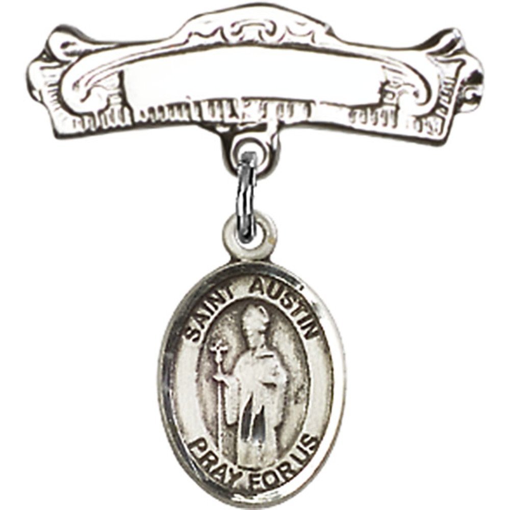 Sterling Silver Baby Badge with St. Austin Charm - 7/8 X 7/8 Inch Arched Polished Pin - Perfect for Christening, Baptism & Baby Shower Gifts