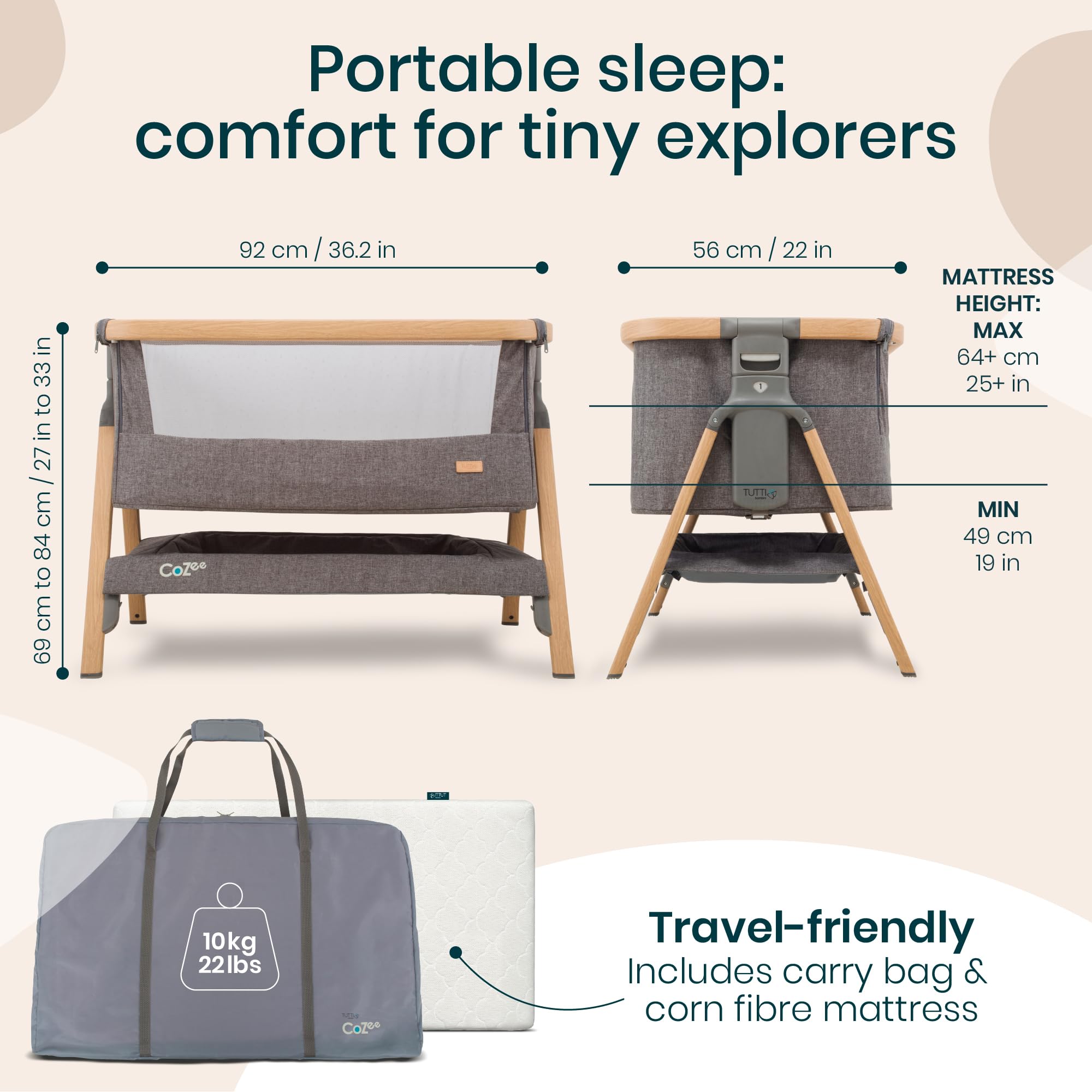 Tutti Bambini CoZee® Next to Me Crib & Standalone Baby Cot - Adjustable 6-Level Folding Co-Sleeper Bedside Crib with Mattress (0-6 Months) - Oak & Charcoal | Perfect for Nursery, Bedroom Co-Sleeping & Travel