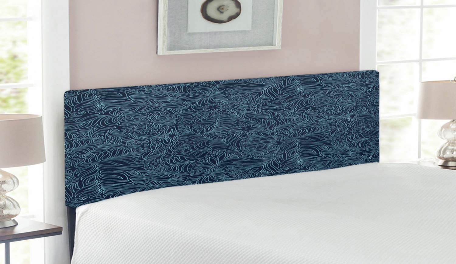 Ambesonne Queen Size Upholstered Headboard - Navy & Teal Abstract Floral Design with Memory Foam | Nature Inspired Decorative Metal Bed Headboard for Master Bedroom, Guest Room & Home Decor (Dark Blue Turquoise)
