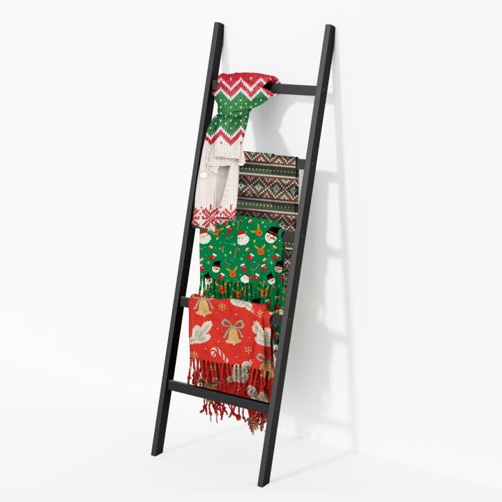 5-Tier Blanket Ladder with Anti-Slip Design - Decorative Towel Rack & Quilt Holder for Living Room, Bedroom, Bathroom - Perfect for Organizing Blankets, Towels, Scarves and Home Decor (Black)