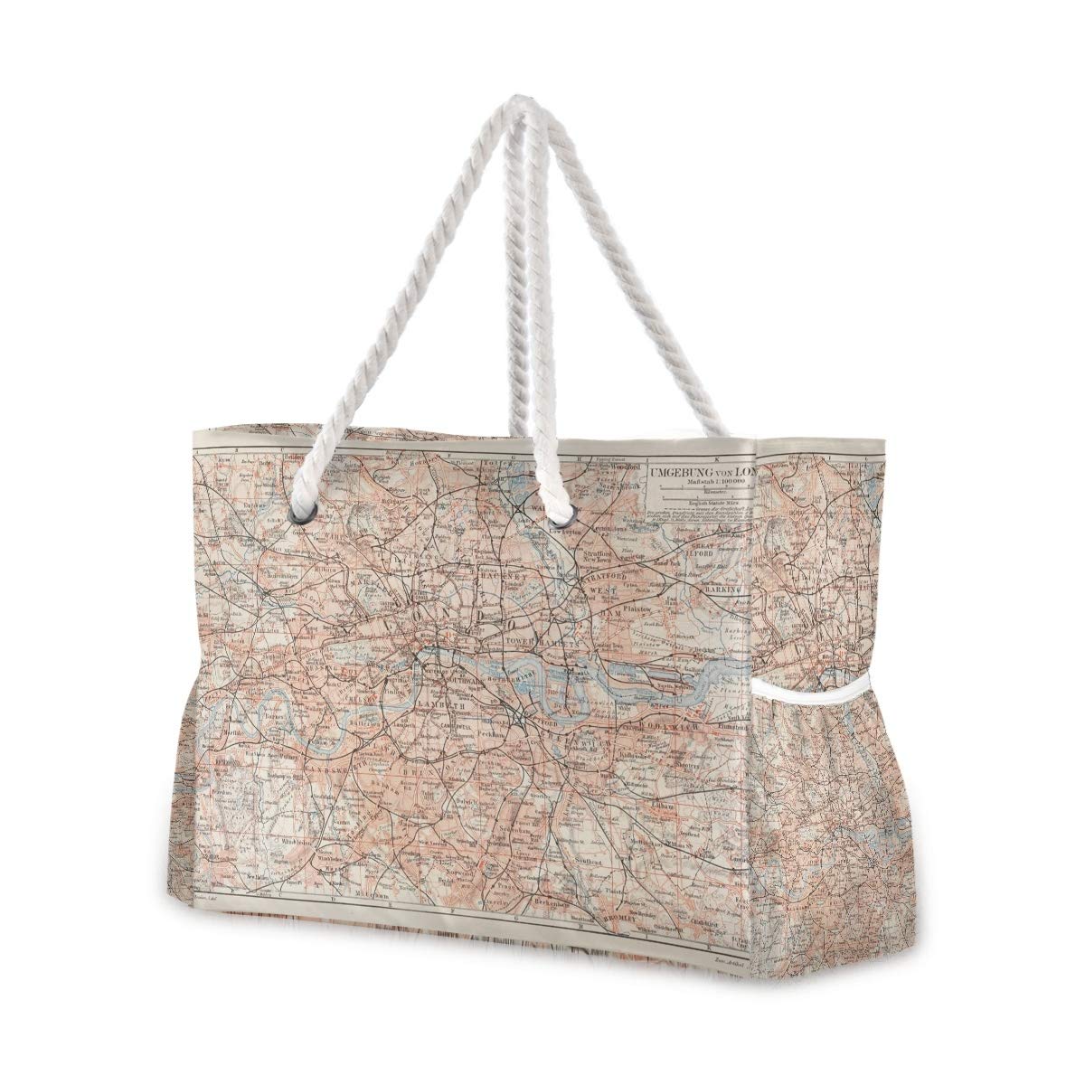 Vintage Map of London XXL Beach Tote Bag with Cotton Rope Handles - Waterproof Travel Shoulder Bag for Women | Perfect for Beach Vacations, Pool Parties & Summer Getaways