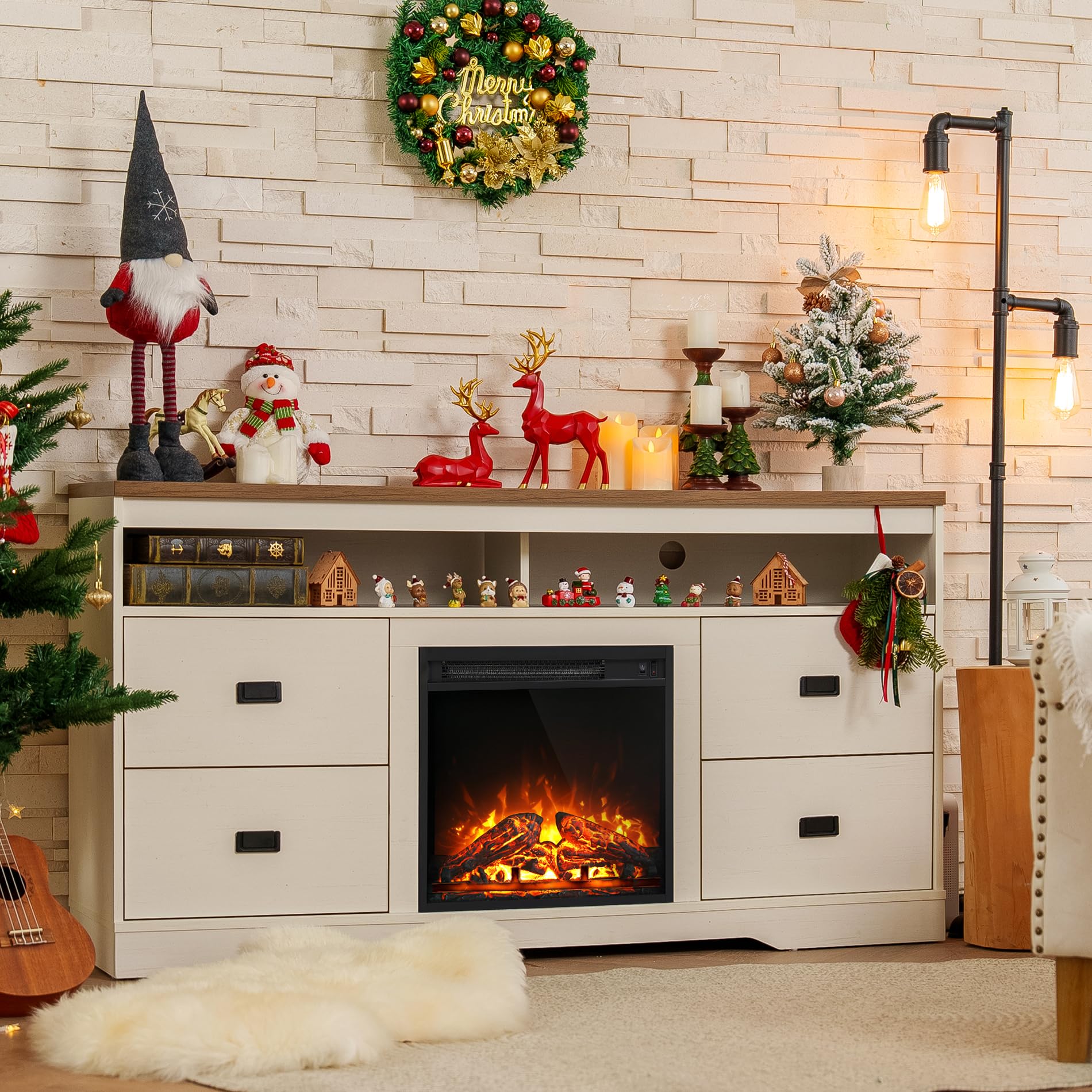 WAMPAT 65 Inch Farmhouse Style TV Stand with Electric Fireplace - Rustic Wood Entertainment Center with Storage & Adjustable Shelves - Antique White Finish - Perfect for Living Room, Bedroom or Home Theater Setup