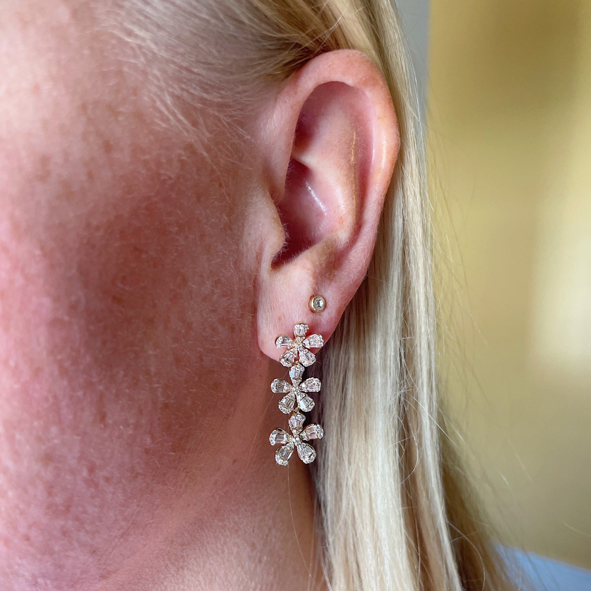 1.52ctw Diamond 14K Yellow Gold Triple Flower Drop Earrings for Women - Elegant Floral Dangle Earrings for Wedding, Party & Special Occasions
