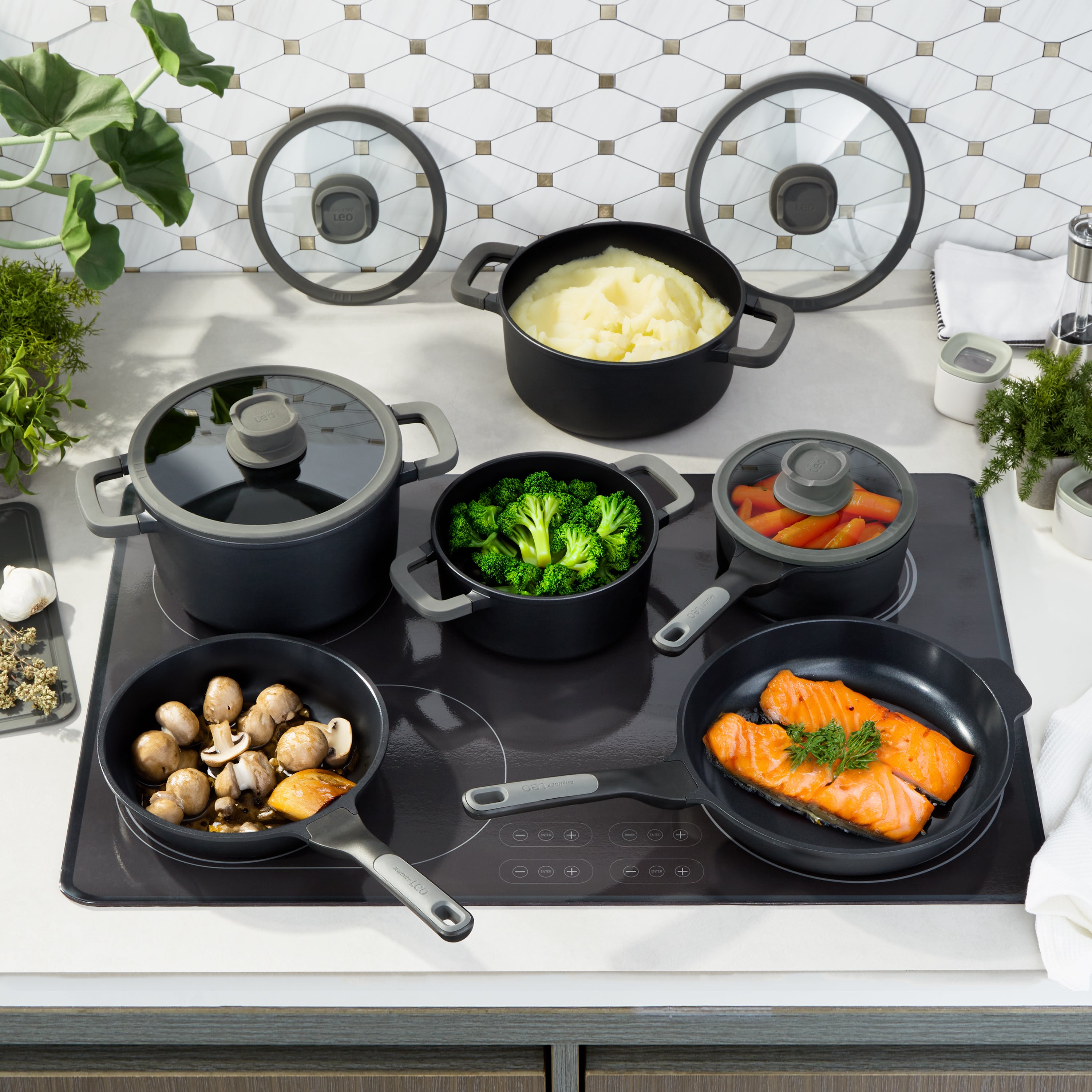 BergHOFF Leo Stone+ 10-Piece Nonstick Ceramic Cookware Set - Healthy Cooking for Everyday Meals & Family Dinners